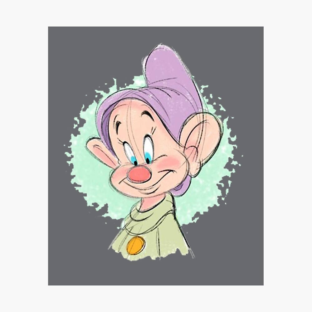 Dopey 桌布 壁紙 — 一個戴著紫色帽子和紅鼻子的快樂卡通矮人，在薄荷綠背景上微笑。