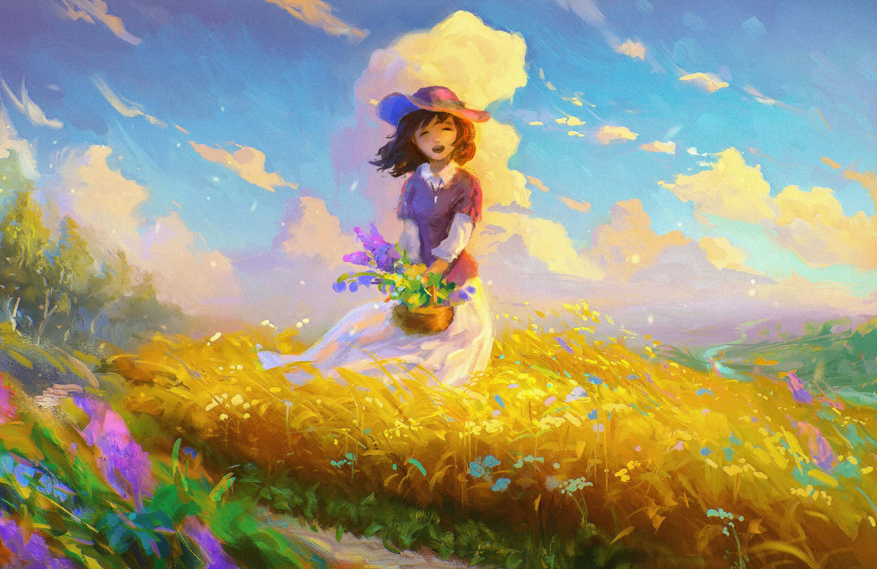 Happy Mood 桌布 壁紙 — 一個戴著紫色帽子的女孩坐在陽光明媚的金色草地上，在藍天白雲下拿著一籃紫色的花。