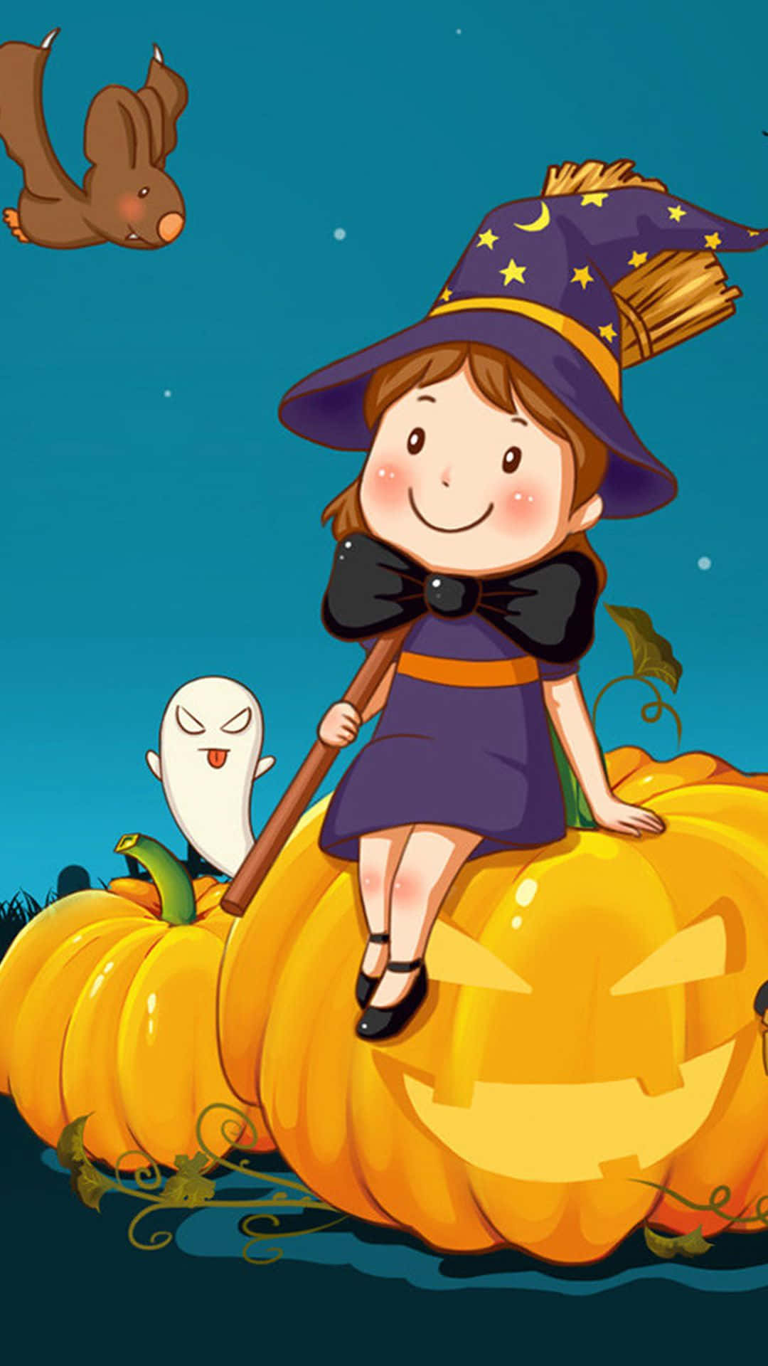 Beautiful Halloween 桌布 壁紙 — 一個戴著紫色帽子的快樂卡通女巫坐在微笑的南瓜燈上，在星空下，附近有幽靈和蝙蝠。