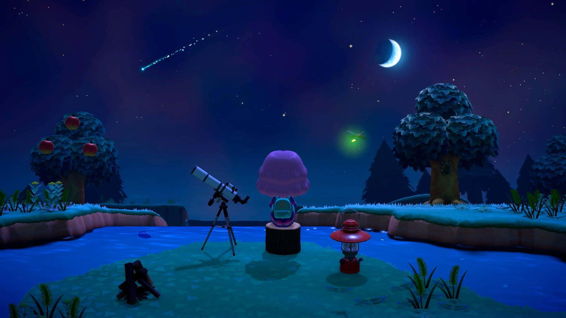 桌布 壁紙 — 一個戴著紫色帽子的角色在彎月下用望遠鏡觀察星空，旁邊有一個發光的池塘。