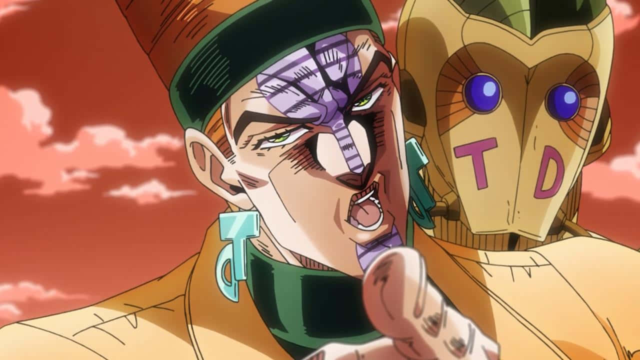 Jojo's Bizarre Adventure Atum 桌布 壁紙 — 一個戴著紫色眼罩和綠色帽子的動漫角色，在火紅的天空背景下，對著一雙藍眼睛的金色機器人大聲喊叫。