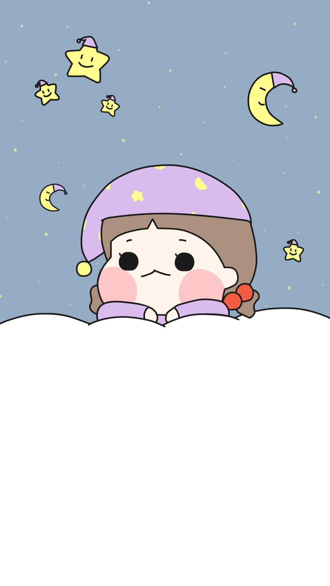 Cute Animated 桌布 壁紙 — 一個戴著紫色睡帽的可愛卡通女孩從毯子下探出頭來，微笑的星星和彎月漂浮在柔和的藍色夜空中。