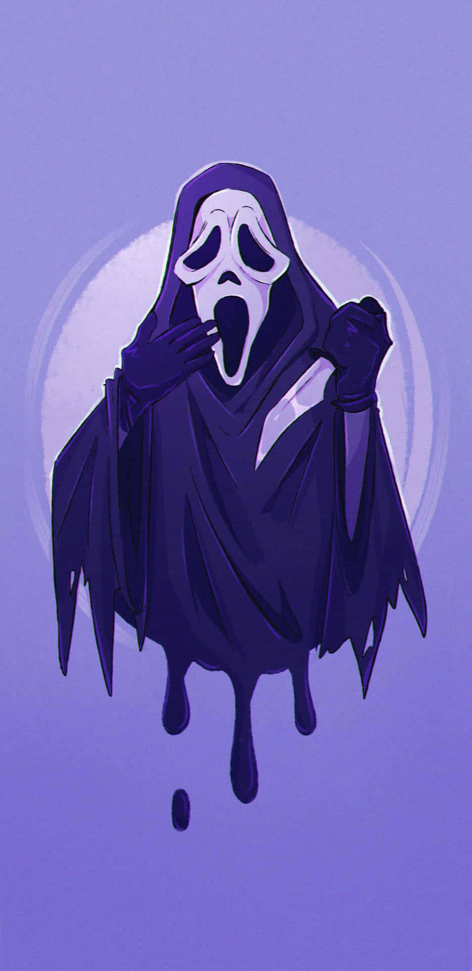 Cute Ghost 桌布 壁紙 — 一個戴著紫色連帽、白色尖叫面具的鬼魂，在薰衣草背景上滴落黑色液體。