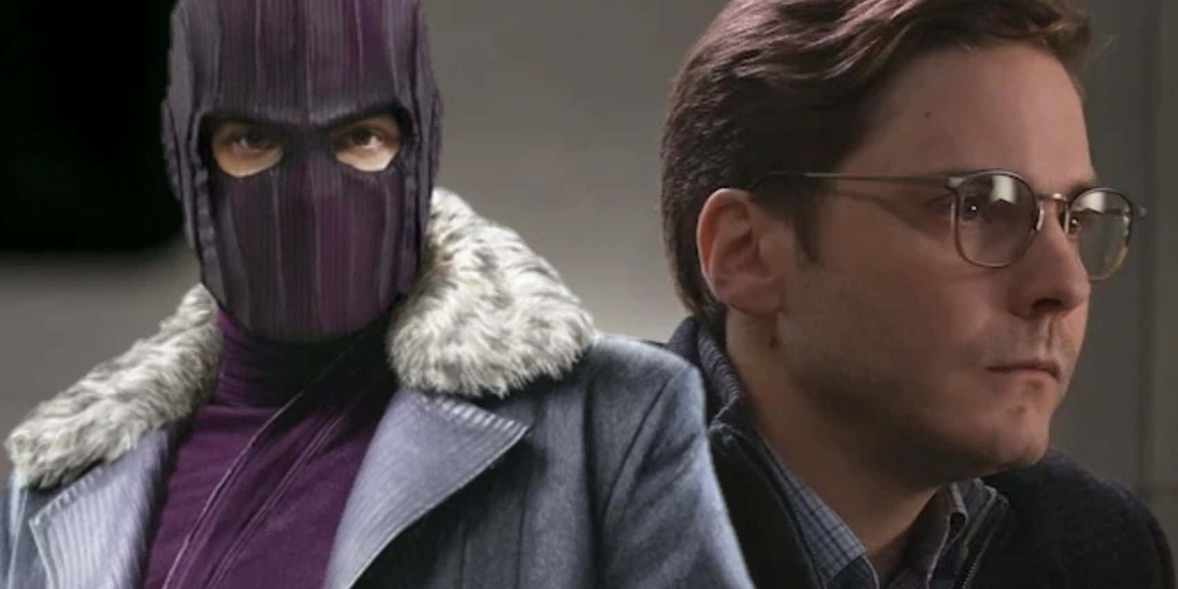 Baron Zemo 桌布 壁紙 — 一個戴著紫色面具的人物站在一個戴眼鏡、穿著灰色毛領大衣的男人旁邊。