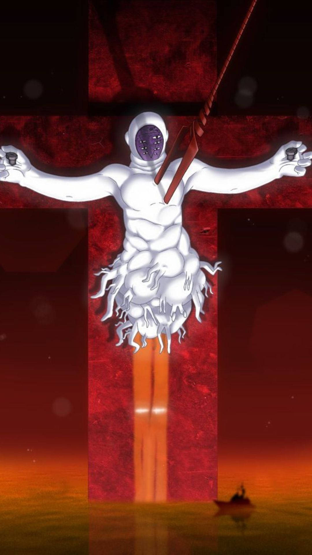 Evangelion Phone 桌布 壁紙 — 一個戴著紫色面具的白色人形人物被釘在發光的紅色十字架上，背景是熾熱的橙紅色天空，前景有一艘小船。