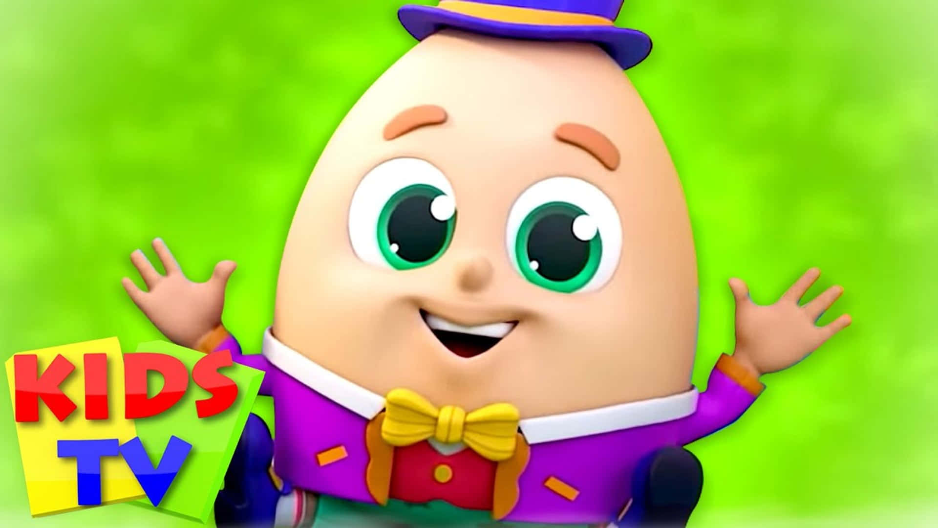 小孩動圖 桌布 壁紙 — 一個戴著紫色高帽和領結的卡通雞蛋角色，在明亮的綠色背景上開心地揮手。