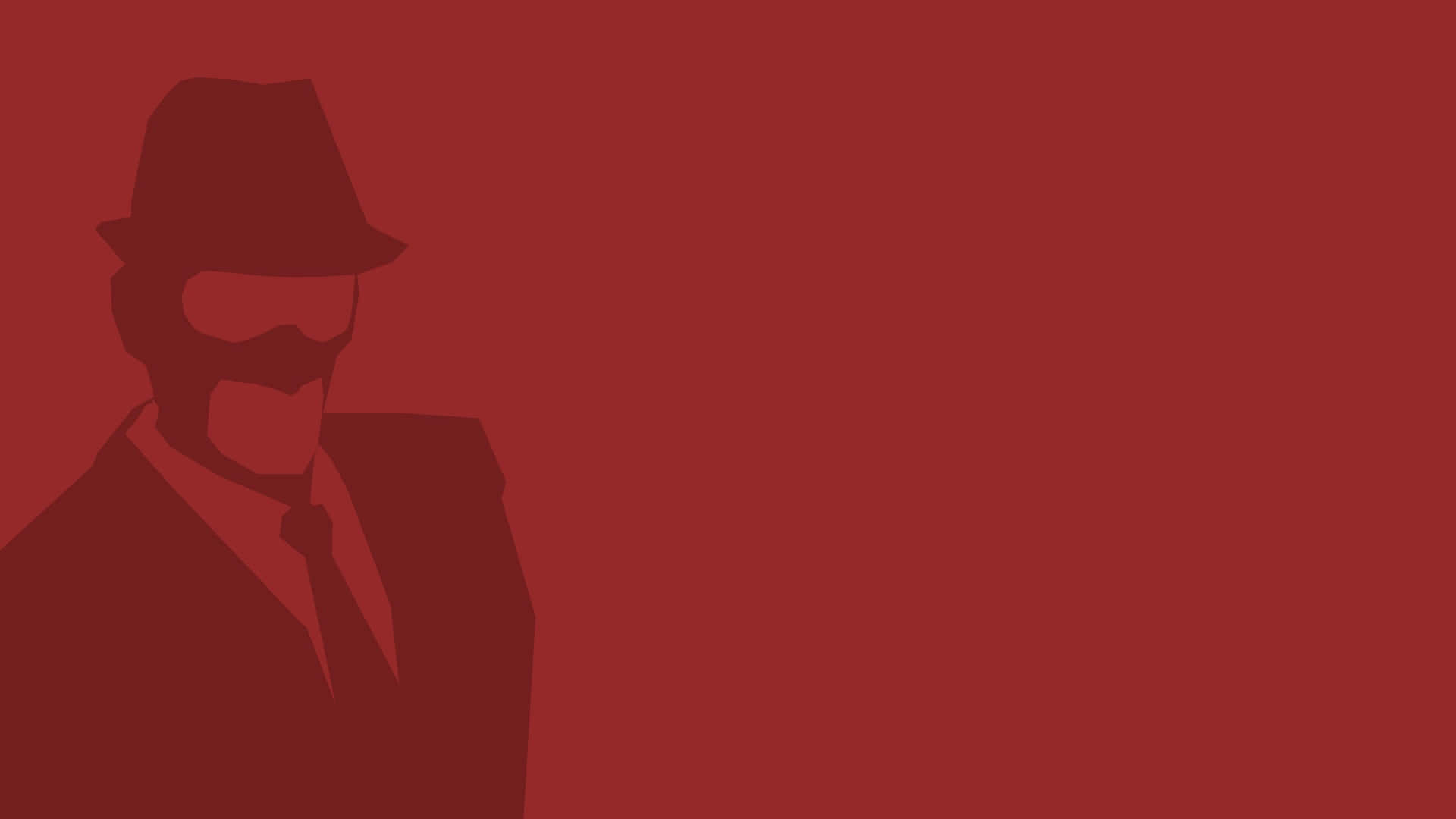 spy 桌布 壁紙 — 一個戴著紳士帽、留鬍子、打領帶的男士的極簡剪影，背景為純紅色。