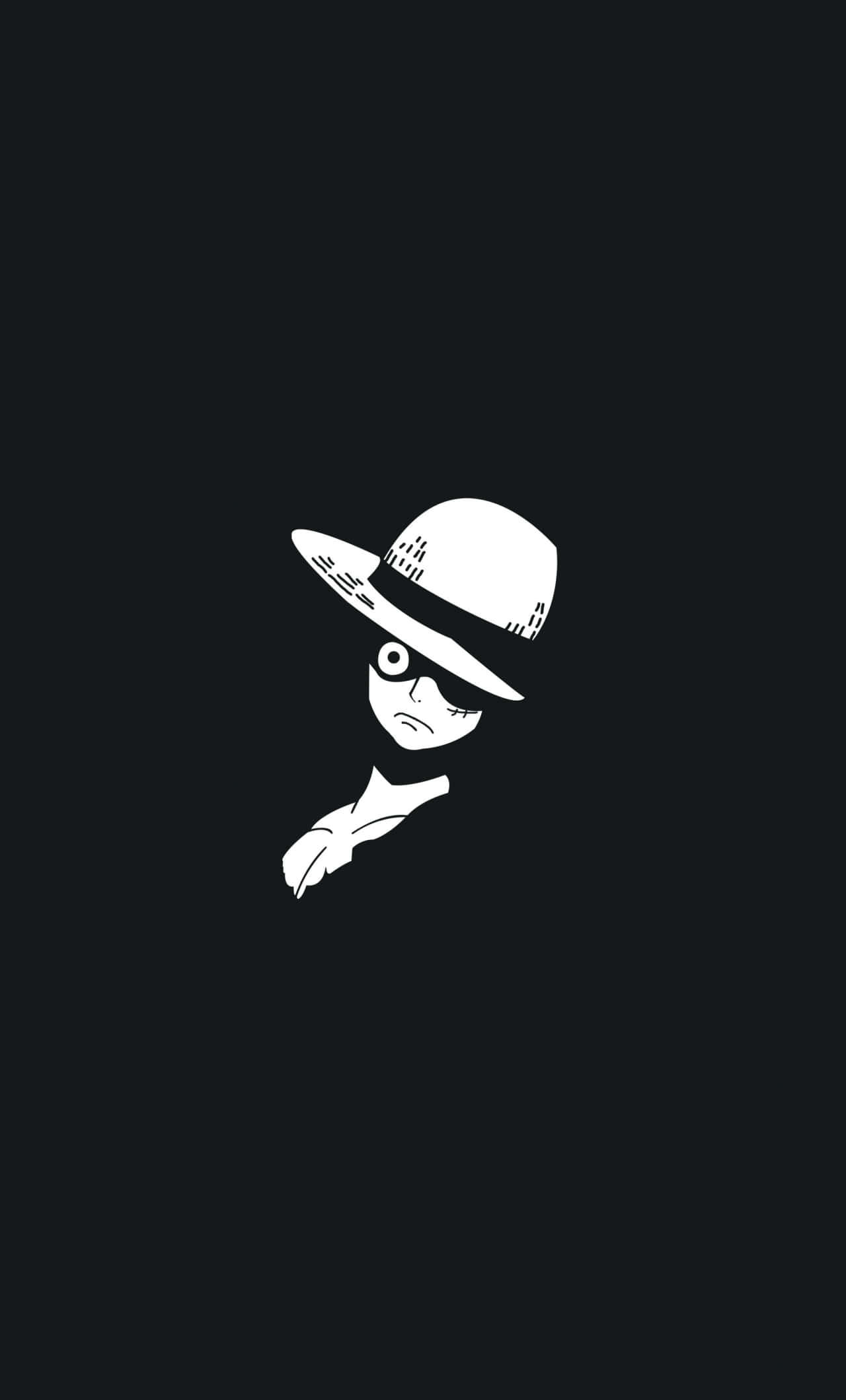 動漫 桌布 壁紙 — 一個戴著紳士帽和太陽眼鏡的人物，在純黑色背景上向前指著的極簡白色線條剪影。