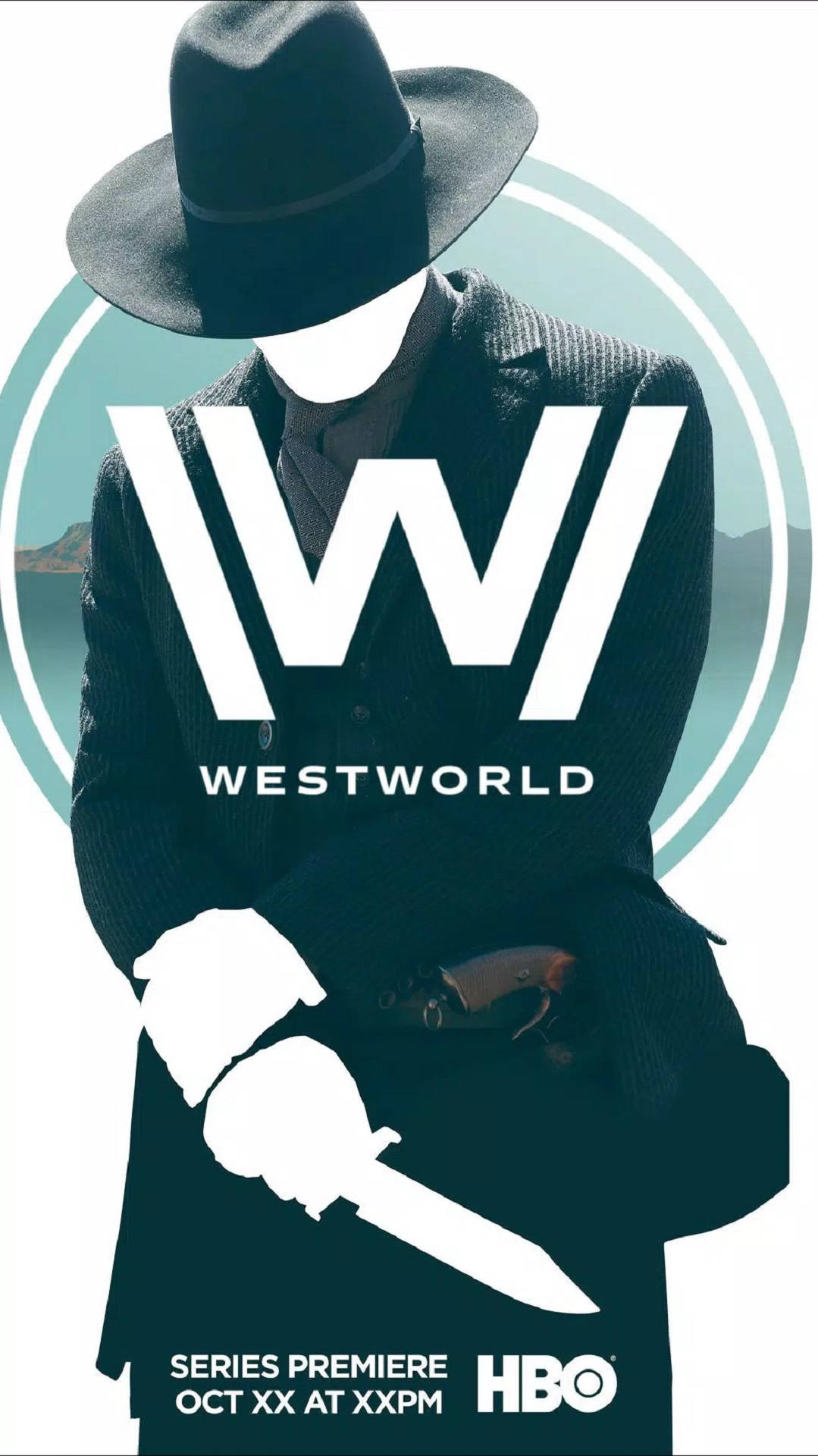Westworld 桌布 壁紙 — 一個戴著紳士帽和西裝的男性風格化剪影，在圓形背景中手持刀具，背景上有 Westworld 標誌。