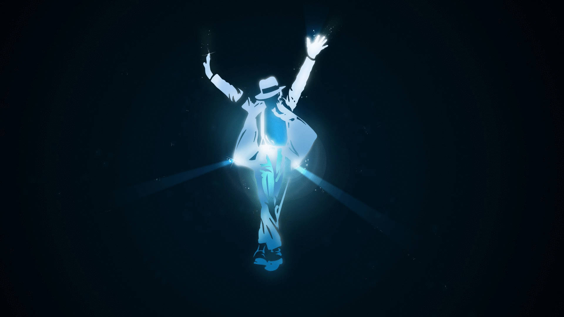 michael 桌布 壁紙 — 一個戴著紳士帽和西裝的舞者發光藍色剪影，在黑暗背景中跳躍，伴隨著耀眼的光束。