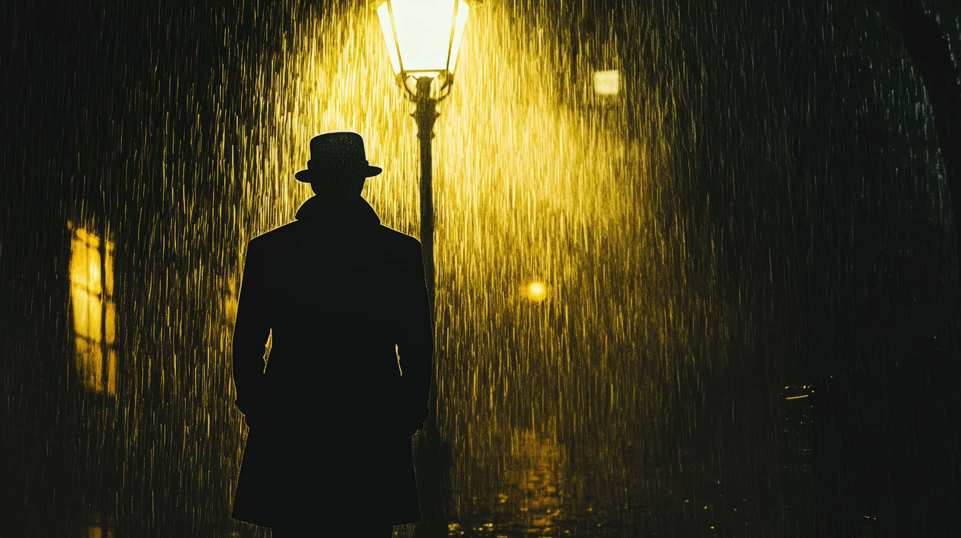 Mysterious Silhouette of Man in Rain at Night 壁紙 — 一個戴著紳士帽和風衣的男人的剪影，在夜晚的暴雨中站在發光的路燈下。