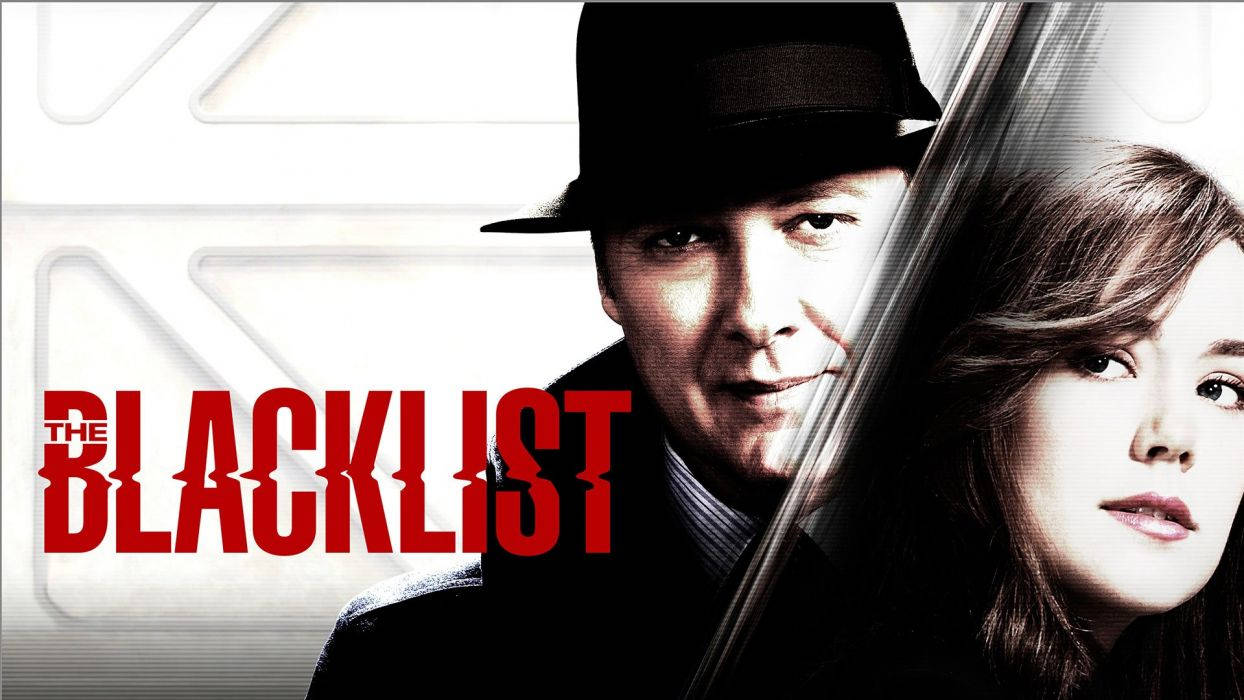 blacklist 桌布 壁紙 — 一個戴著紳士帽的男人和一個女人在純白背景上，以粗體紅色標題文字襯托下，互相凝視。