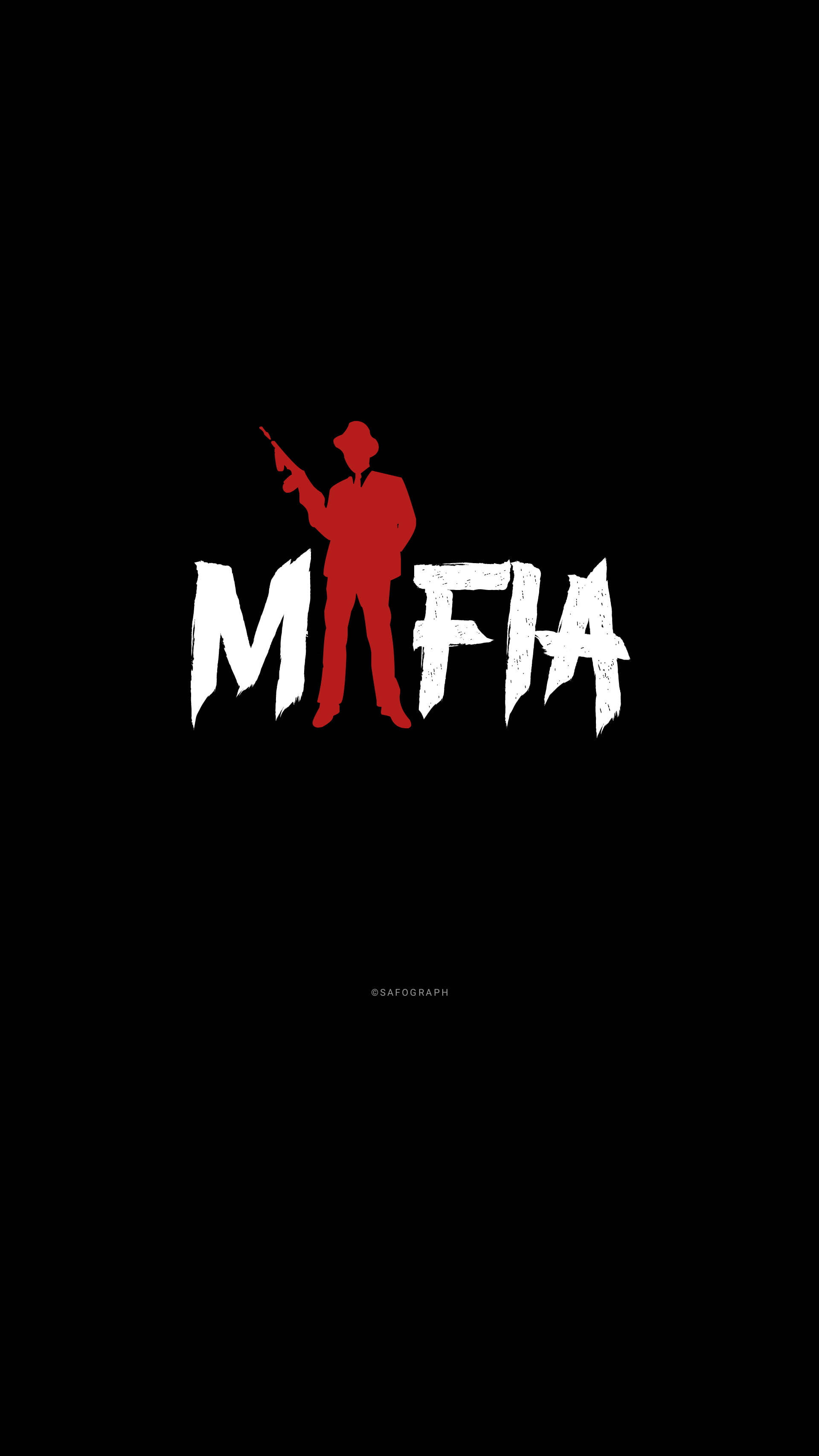 Mafia 桌布 壁紙 — 一個戴著紳士帽的男人手持槍枝的醒目紅色剪影，站在黑色背景上以磨損白色字體書寫的MAFIA一詞上方。