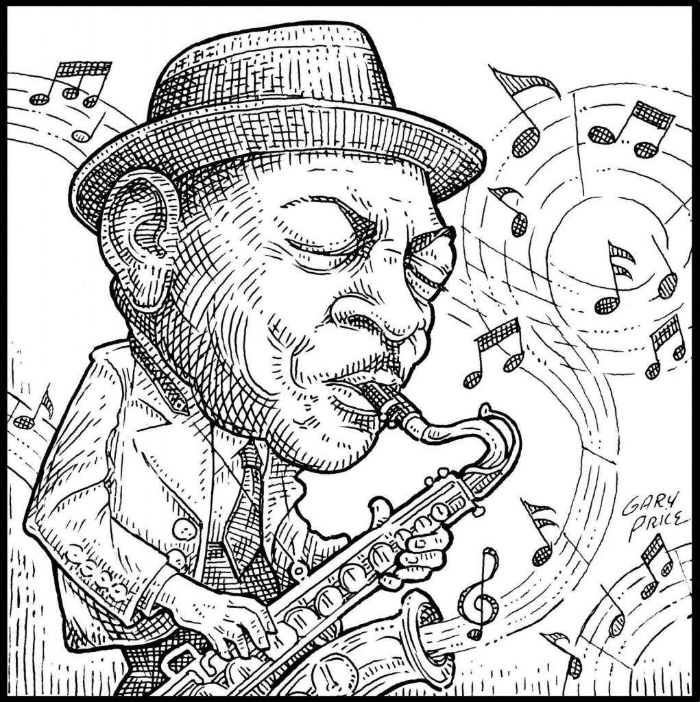 band 桌布 壁紙 — 一個戴著紳士帽的誇張爵士樂手，熱情地吹奏薩克斯風，周圍有旋轉的音樂符號。