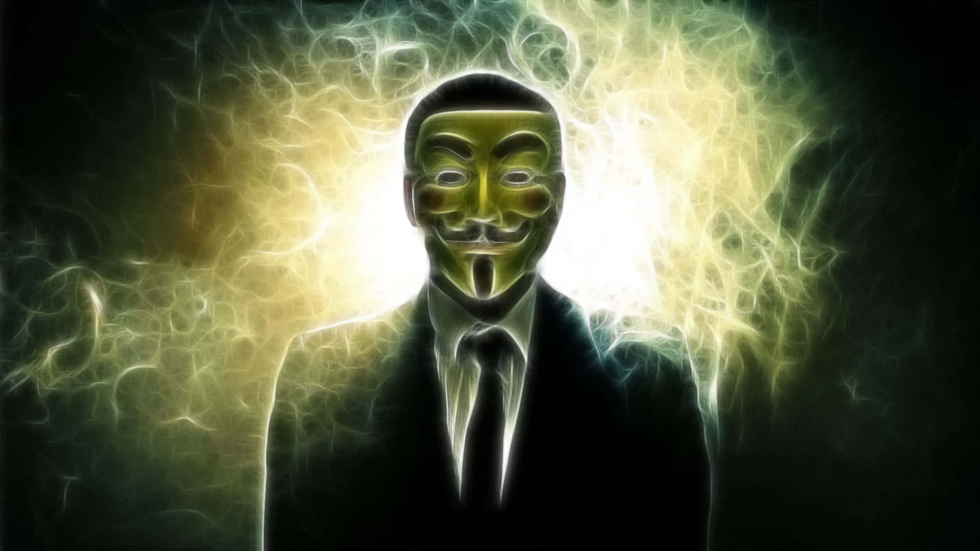匿名 桌布 壁紙 — 一個戴著綠色 Guy Fawkes 面具和穿著綠色西裝的人物，在黑暗背景下被發光的黃色能量照亮。