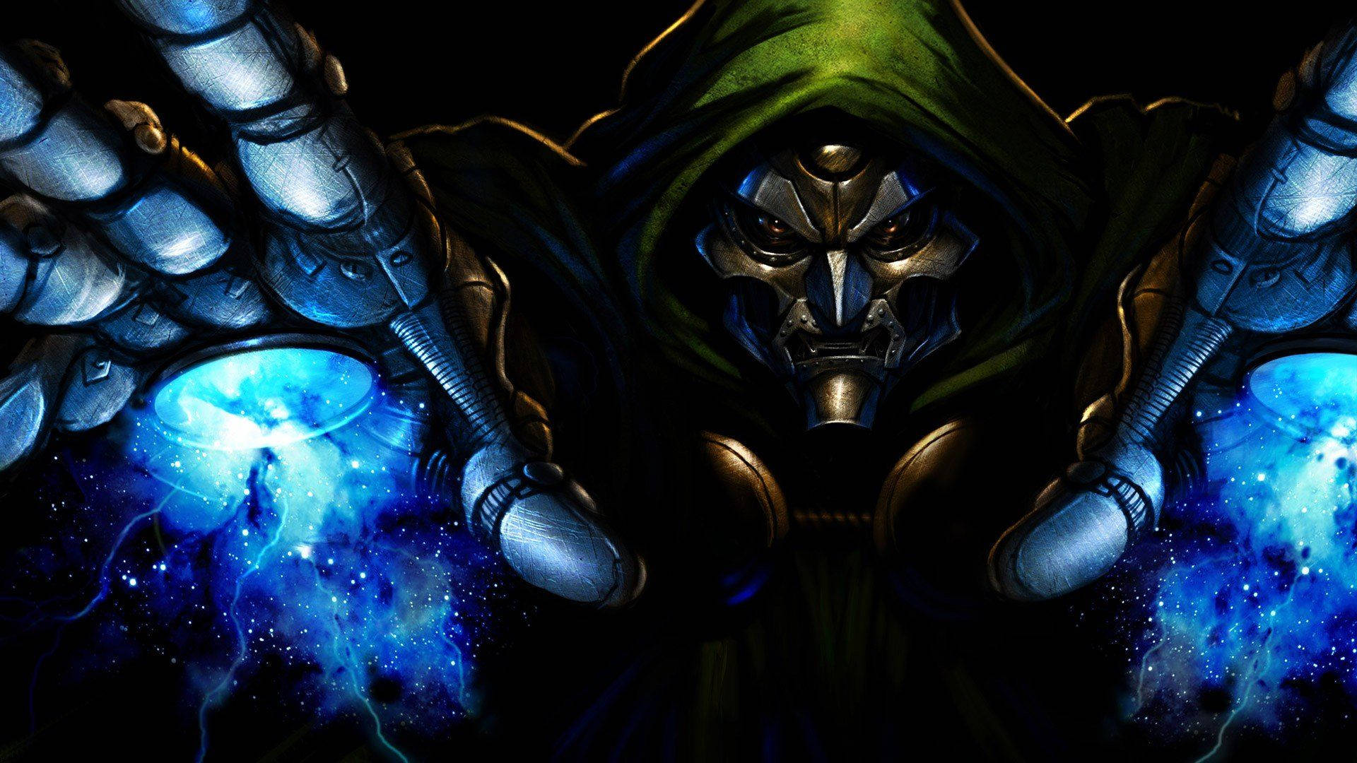Villains 桌布 壁紙 — 一個戴著綠色兜帽的威脅性蒙面人物，從戴手套的雙手中引導宇宙藍色能量對抗黑暗虛空。