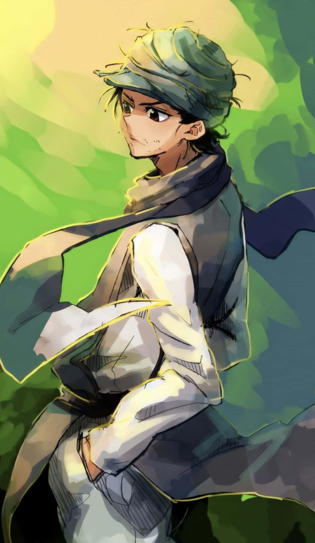 Ging Freecss 桌布 壁紙 — 一個戴著綠色帽子和圍巾的年輕動漫男孩，在充滿活力的綠色和黃色背景前溫暖地微笑。