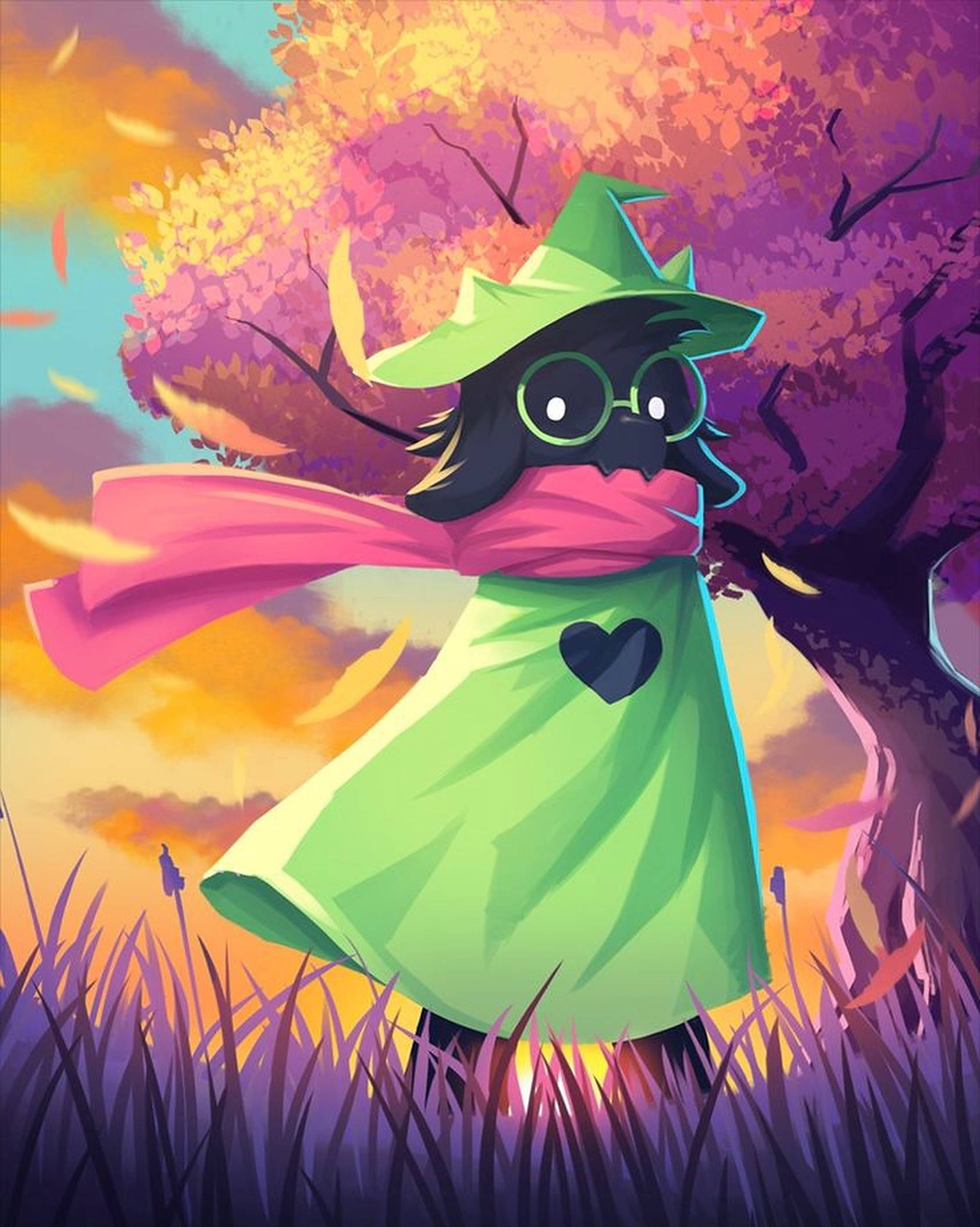 Ralsei 桌布 壁紙 — 一個戴著綠色帽子和斗篷的古怪鳥類角色，站在高高的草叢中，頭頂是落葉繽紛的秋樹。