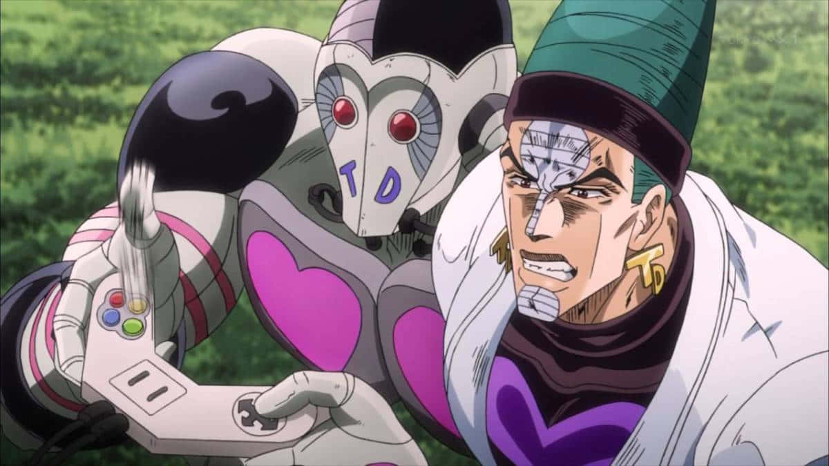 Jojo's Bizarre Adventure Atum 桌布 壁紙 — 一個戴著綠色帽子和白色外套的動漫角色，與一個有粉紅色心和紅色眼睛的機器人同伴一起玩遊戲控制器。