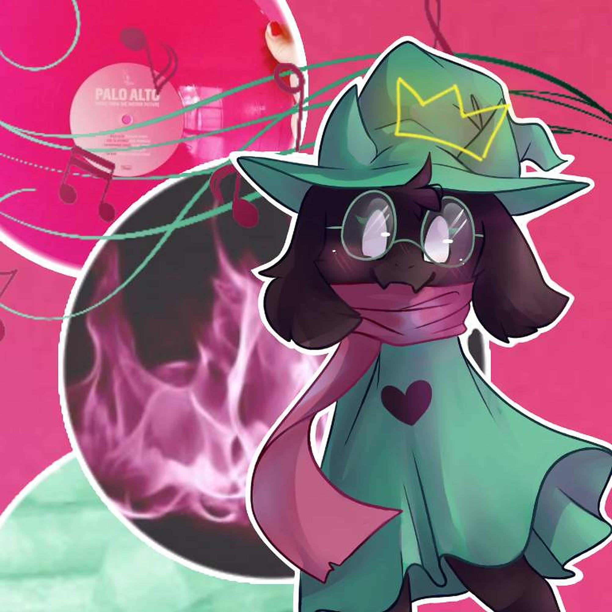 Ralsei 桌布 壁紙 — 一個戴著綠色帽子和粉紅色圍巾的風格化卡通角色，站在帶有音符和黑膠唱片的粉紅色背景前。