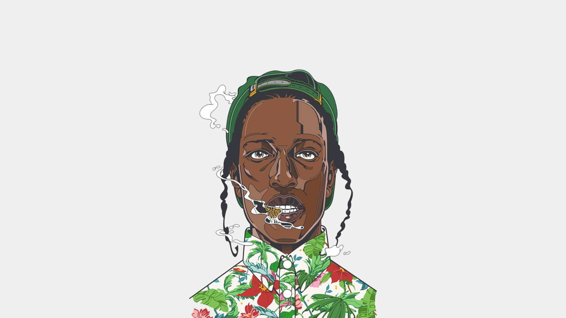 rocky 桌布 壁紙 — 一個戴著綠色帽子和花卉襯衫、梳著辮子的人正在吸煙的風格化插圖。