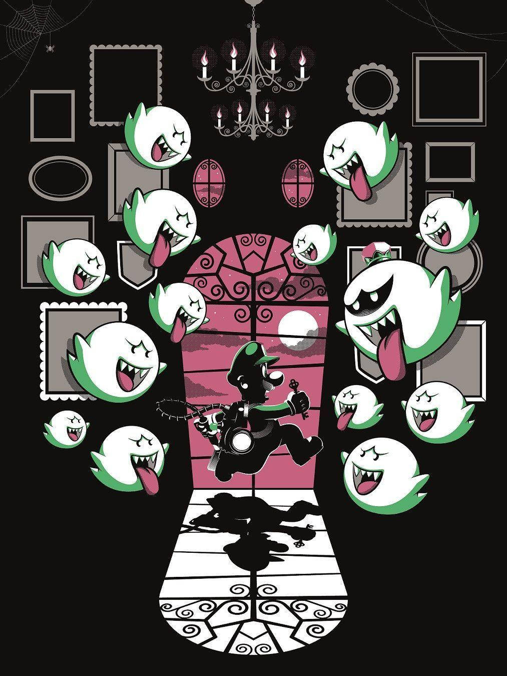 Mansion 桌布 壁紙 — 一個戴著綠色帽子的卡通捉鬼獵人在一座哥德式豪宅中與頑皮的白色幽靈戰鬥，豪宅內有華麗的吊燈和帶框的鏡子。