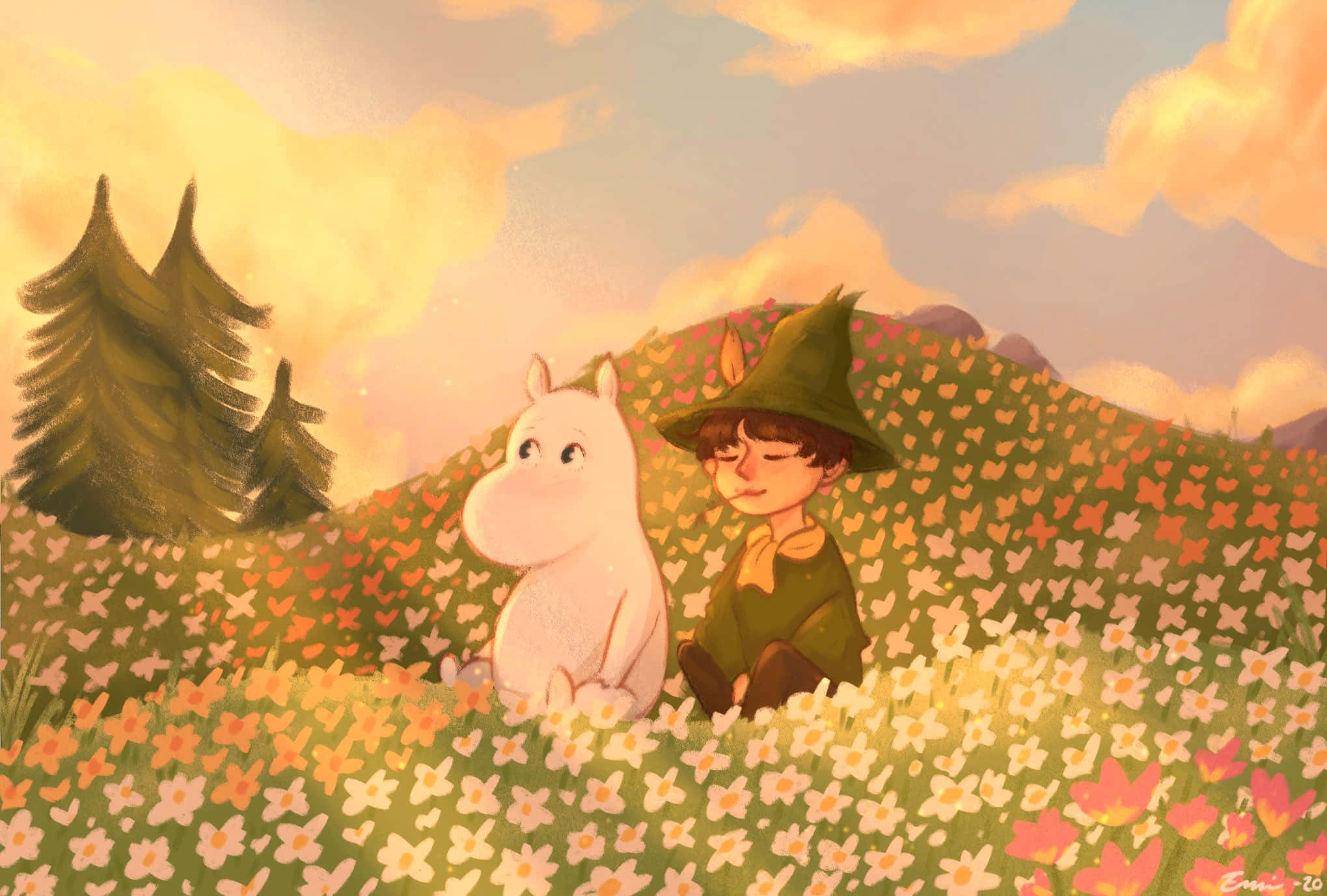 Moomin Desktop 桌布 壁紙 — 一個戴著綠色帽子的男孩坐在白色姆明旁邊，在溫暖的日落天空下，身處一片色彩繽紛的花田。
