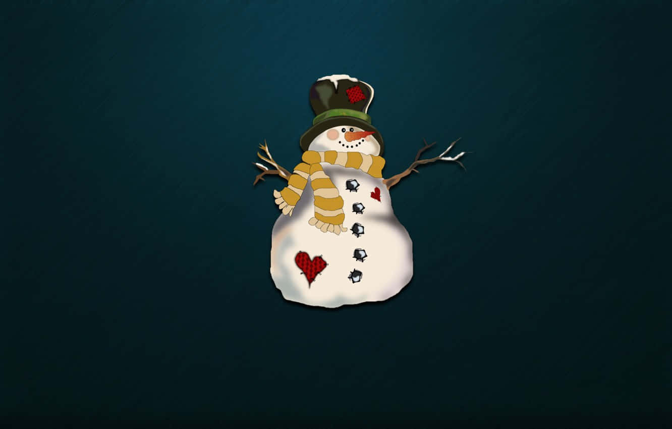 Minimalist Christmas Desktop 桌布 壁紙 — 一個戴著綠色高帽和條紋圍巾的開心卡通雪人，站在深藍綠色背景前。