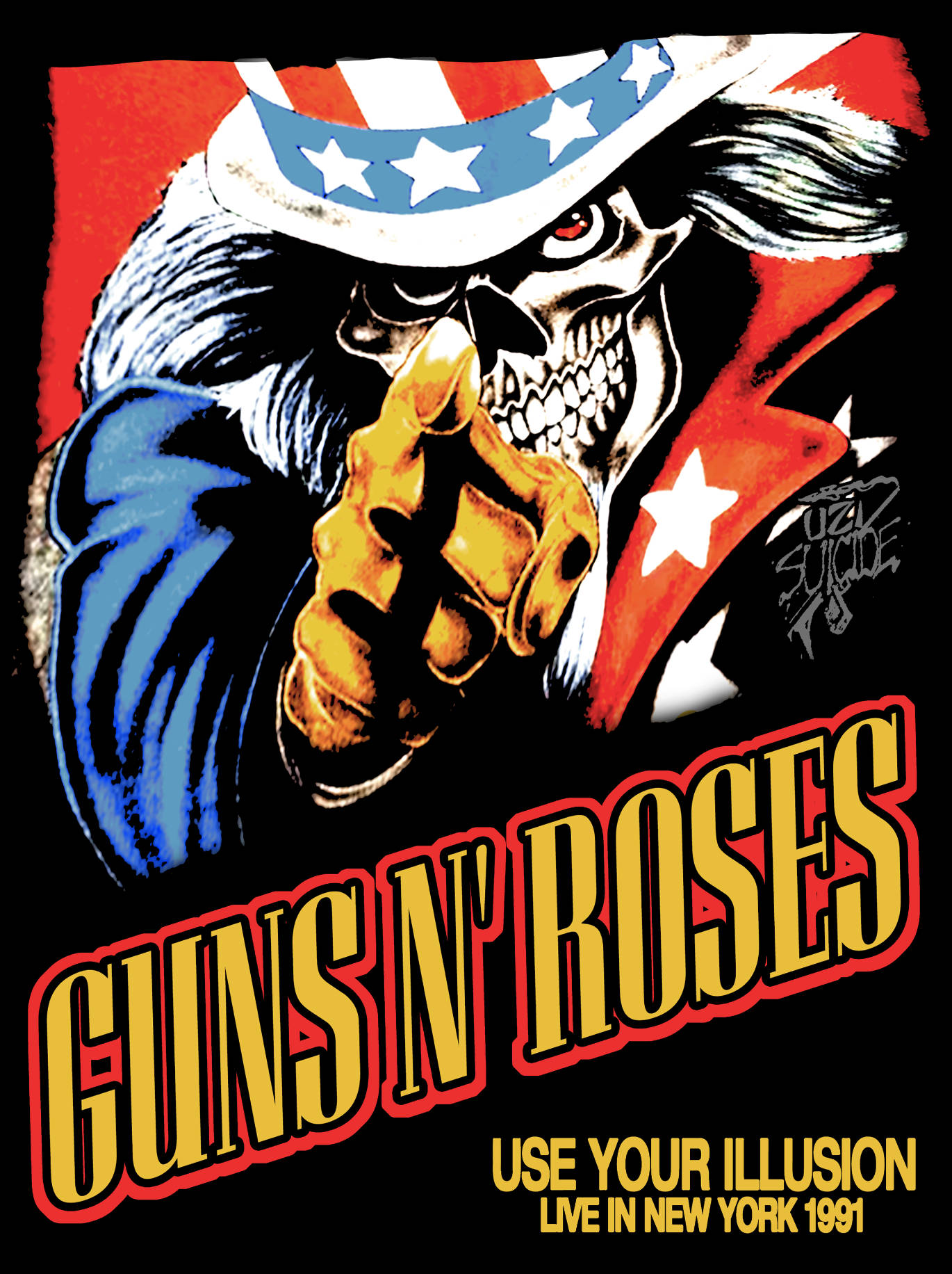 poster 桌布 壁紙 — 一個戴著美國國旗帽子的骷髏頭，在Guns N' Roses大膽的搖滾音樂會海報中指責地指向前方。