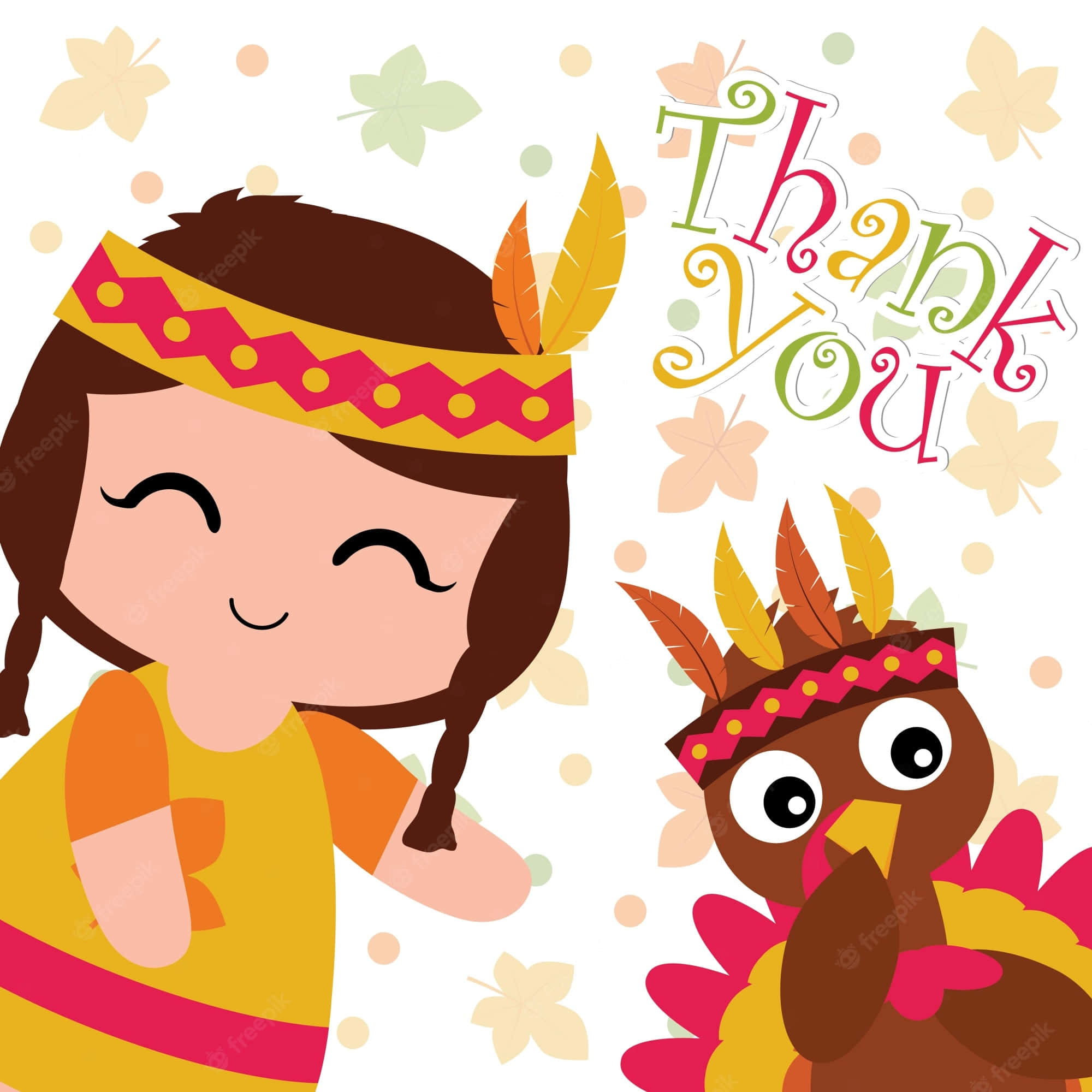 Cartoon Thanksgiving 桌布 壁紙 — 一個戴著羽毛頭帶的快樂卡通女孩和火雞在色彩繽紛的「謝謝」文字和飄落的秋葉旁微笑。