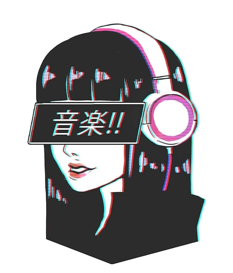 Lofi Anime 桌布 壁紙 — 一個戴著耳機、眼睛上有日本音樂標誌的風格化動漫女孩，採用故障藝術風格。