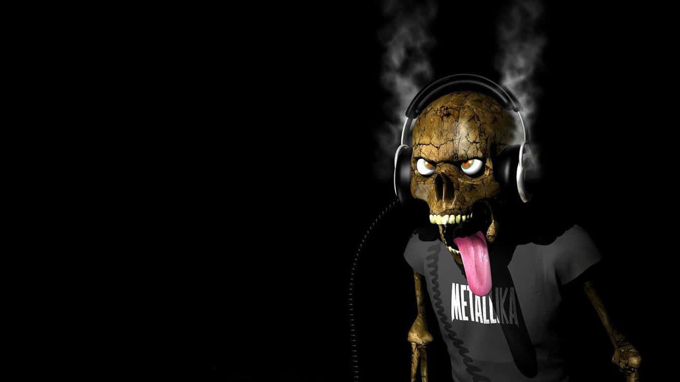 桌布 壁紙 — 一個戴著耳機和Metallica T恤的骷髏頭，在黑色背景上升起的蒸氣中伸出舌頭。
