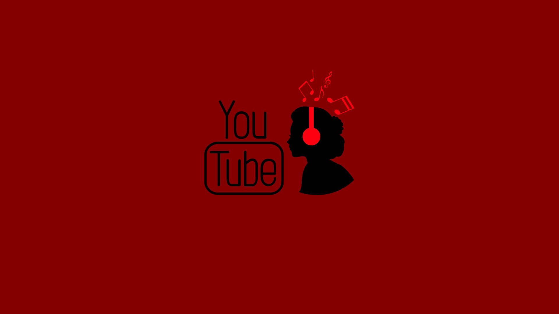 YouTube 標誌 桌布 壁紙 — 一個戴著耳機的人的黑色剪影，音符漂浮在上方，背景為純紅色，帶有 YouTube 標誌。