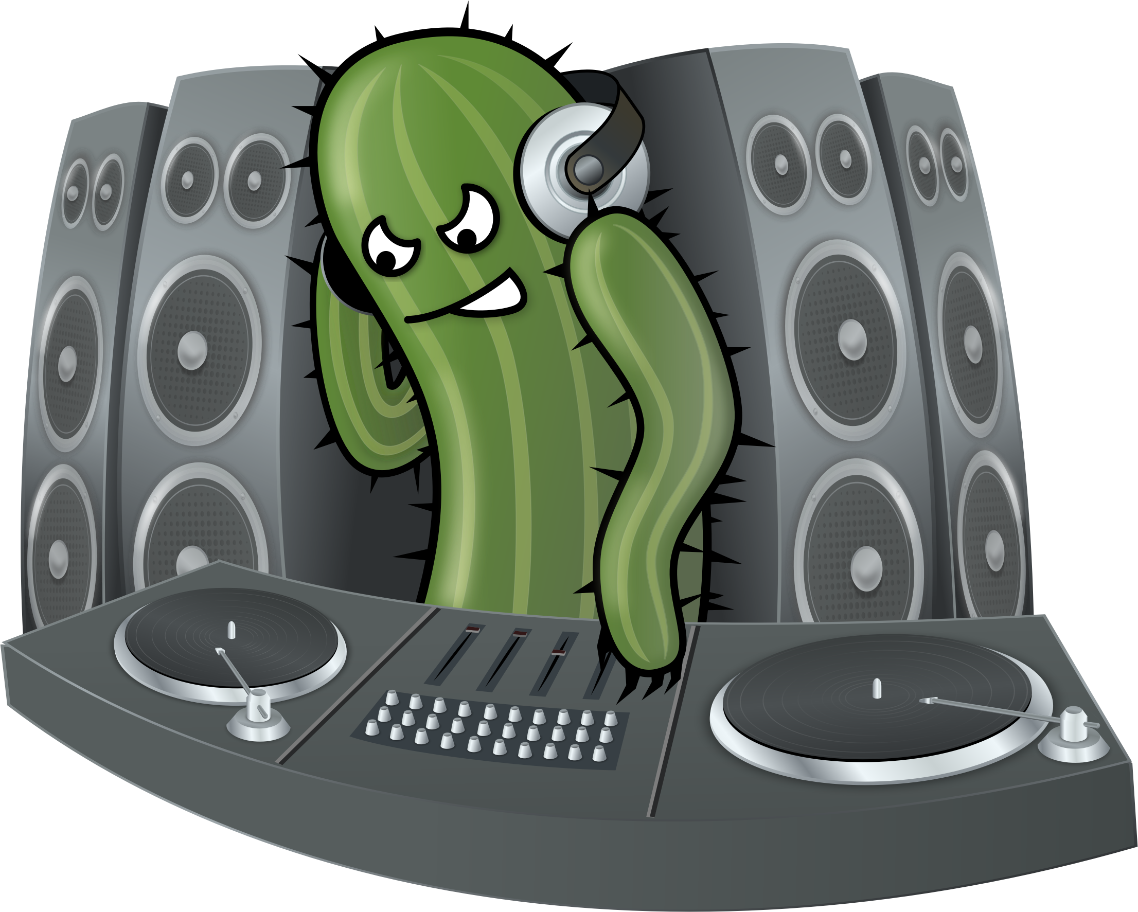 DJ 桌布 壁紙 — 一個戴著耳機的卡通仙人掌DJ在兩旁高聳喇叭的唱盤後方混音。