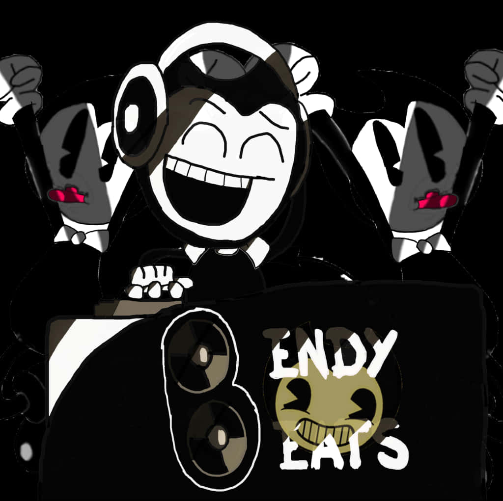 戴著耳機的卡通DJ在標有 'ENDY BEATS' 的台後面與骷髏人物一起笑。 — DJ GIF 壁紙