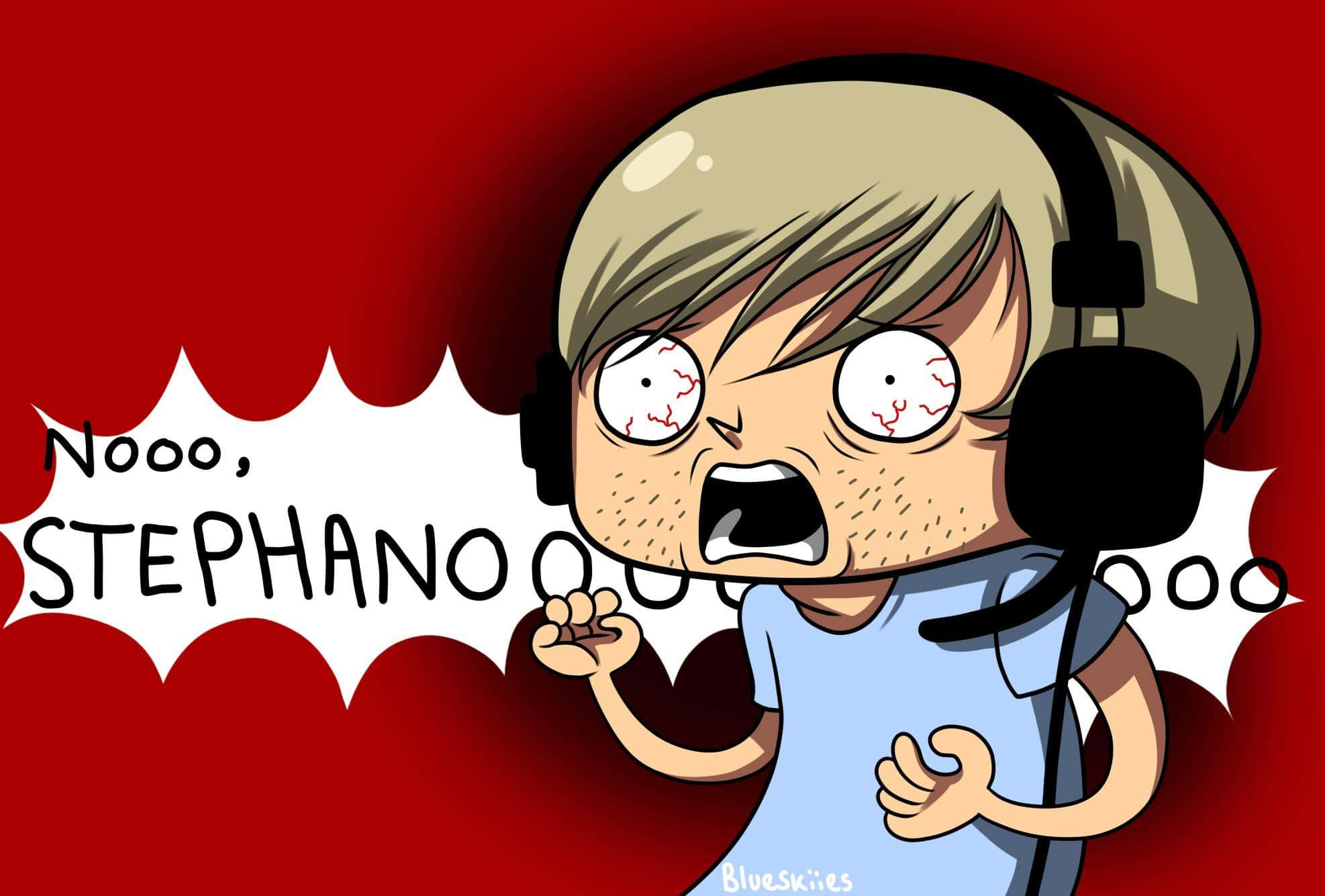 PewDiePie 桌布 壁紙 — 一個戴著耳機的卡通角色在純紅色背景前驚恐尖叫，對話氣泡寫著「Nooo, STEPHANO」。