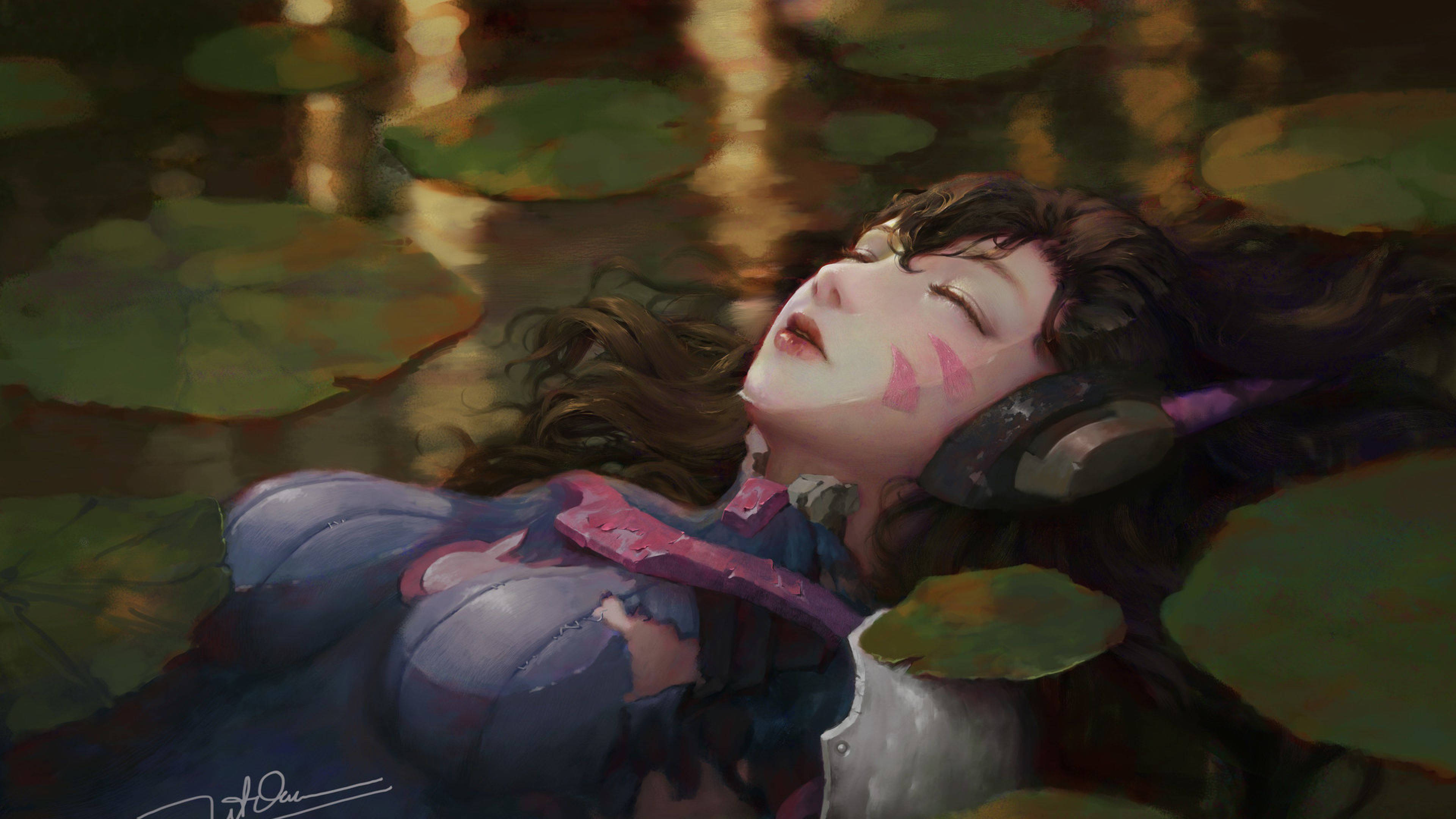 D.Va 桌布 壁紙 — 一個戴著耳機的寧靜動漫女孩，在金色的水中漂浮在睡蓮之間。