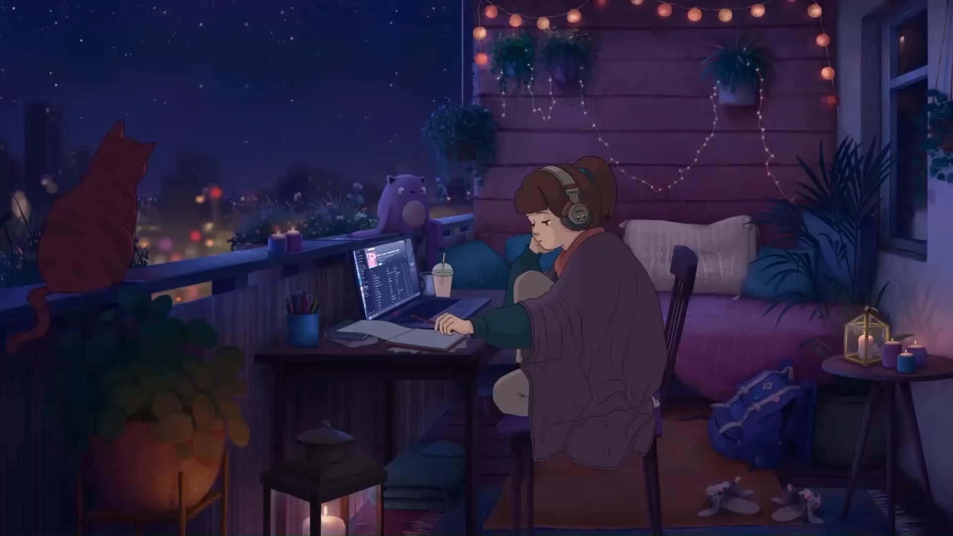 唯美動漫筆電 桌布 壁紙 — 一個戴著耳機的年輕人在一個舒適的夜間陽台上工作，陽台裝飾著燈串和盆栽植物。