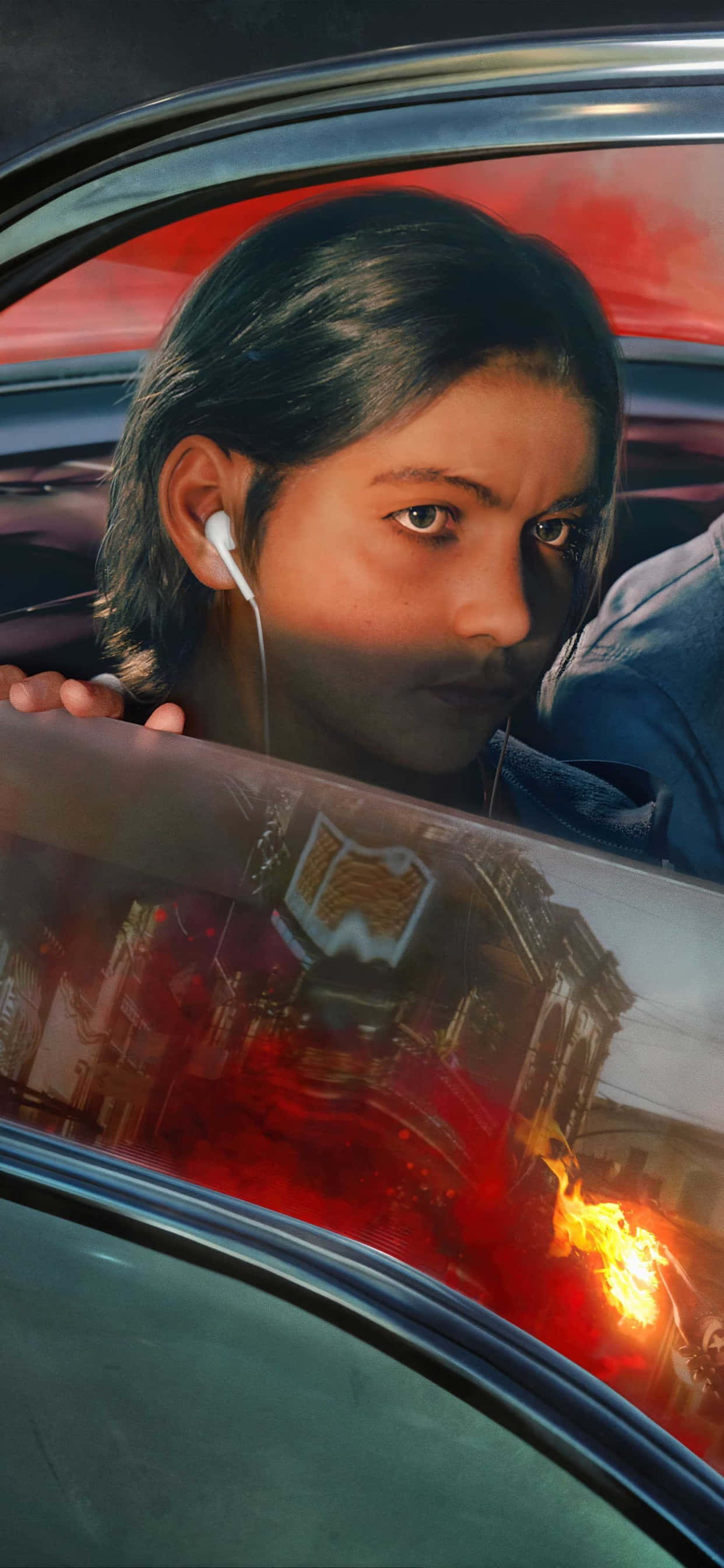 iPhone Xs Max Far Cry 5 桌布 壁紙 — 一個戴著耳機的年輕人從車窗凝視著外面，熾熱的紅色城市燈光反射在玻璃上。