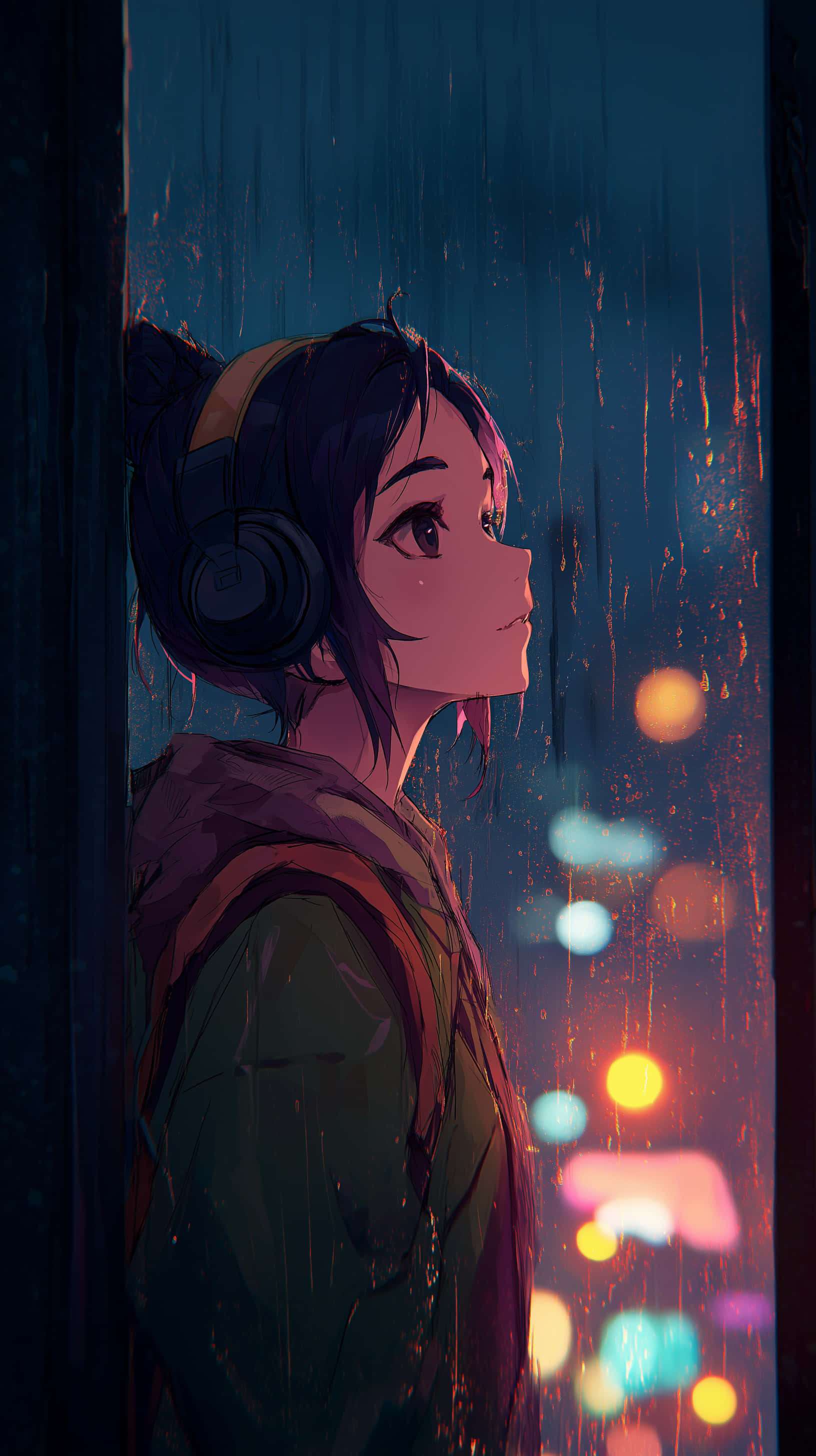 Rainy Night 桌布 壁紙 — 一個戴著耳機的年輕動漫女孩，凝視著雨痕斑斑的窗外，夜晚的城市燈光閃爍。