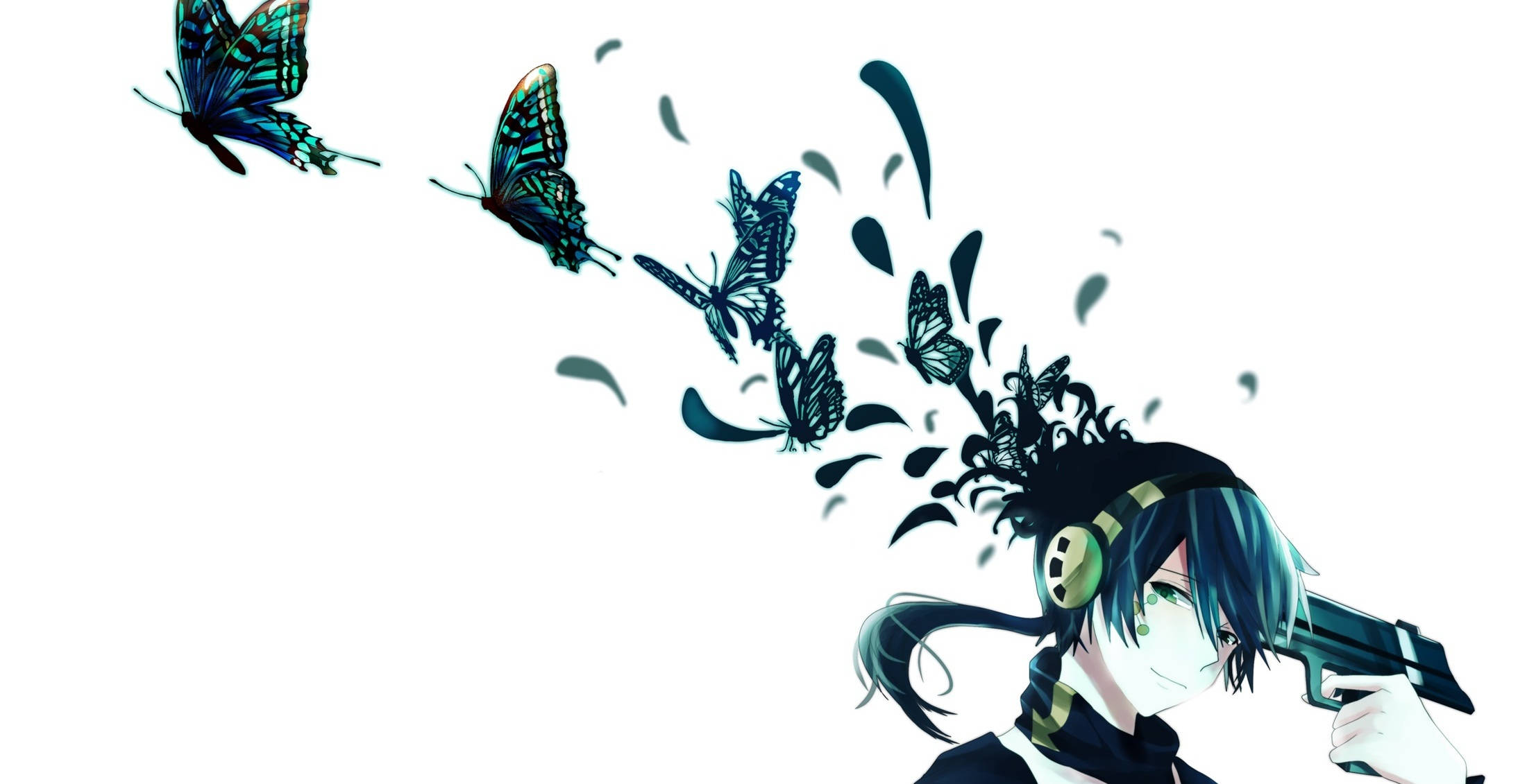 Butterflies 桌布 壁紙 — 一個戴著耳機的年輕動漫女孩，在純白背景下從頭部射出蝴蝶。