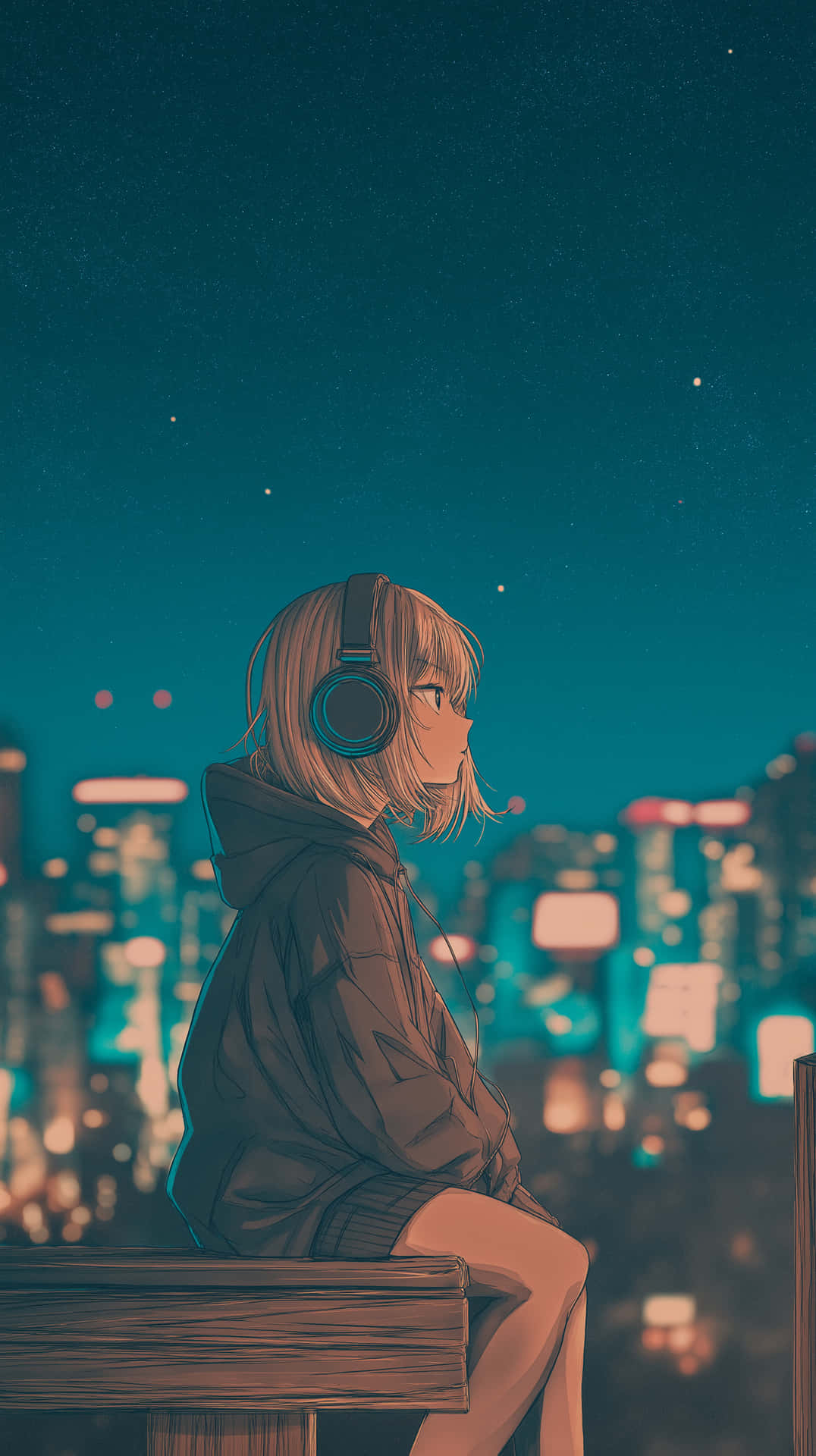 Anime Girl on Ledge Overlooking City at Dusk 壁紙 — 一個戴著耳機的年輕動漫女孩坐在木長椅上，俯瞰著在繁星點點的藍綠色夜空下閃閃發光的城市景觀。