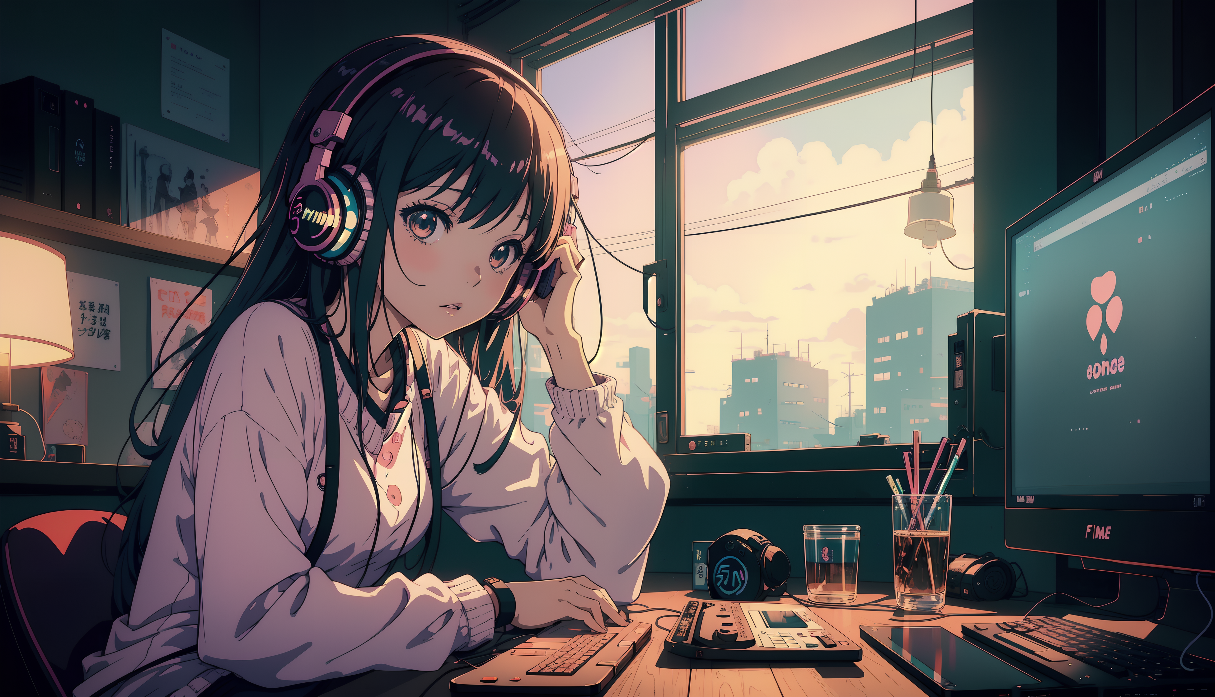 女孩 桌布 壁紙 — 一個戴著耳機的年輕動漫女孩坐在陽光充足的房間裡的書桌前，專注於顯示標誌的電腦。