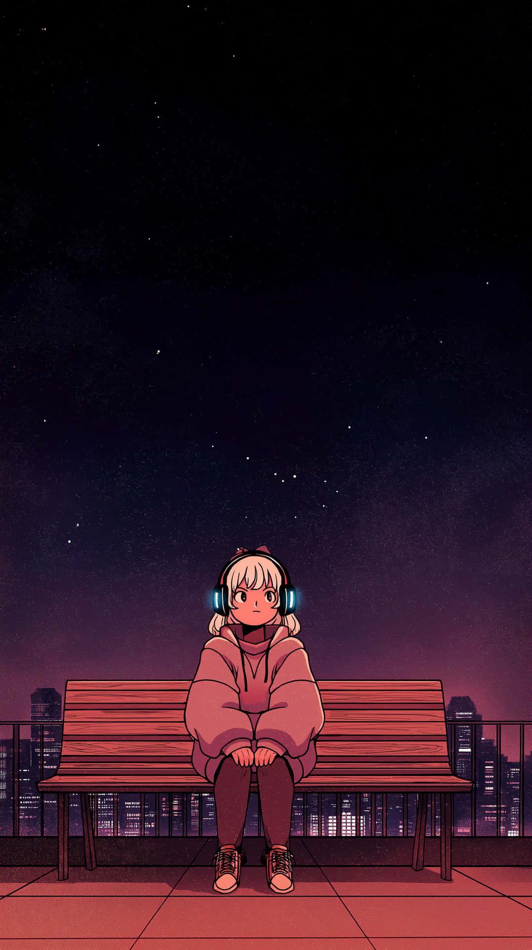 Anime Girl with Headphones on Rooftop at Night 壁紙 — 一個戴著耳機的年輕動漫女孩獨自坐在木長椅上，仰望星空，俯瞰發光的城市。
