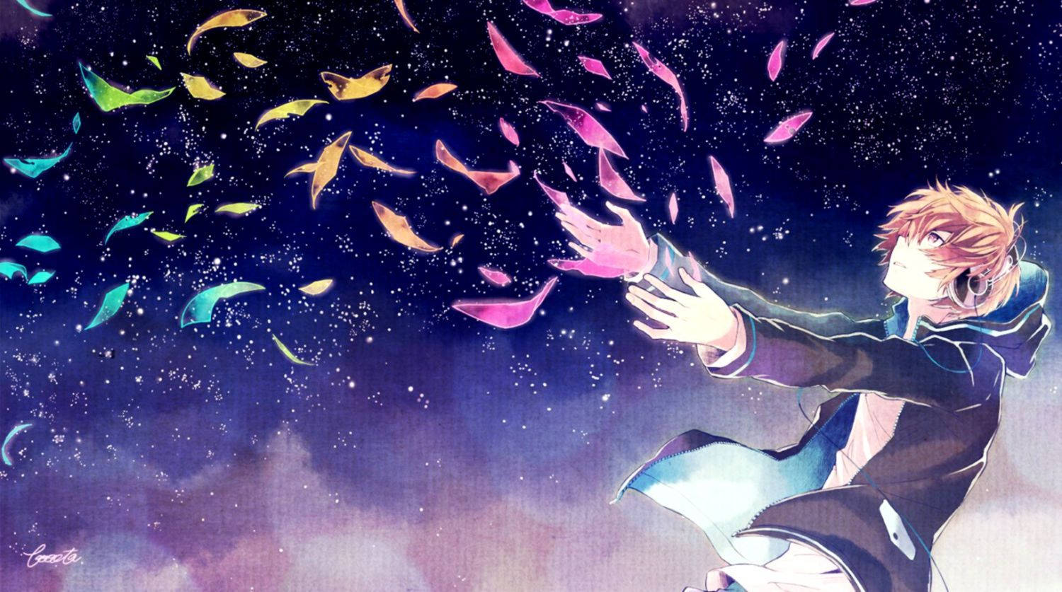 動漫男孩 桌布 壁紙 — 一個戴著耳機的年輕動漫男孩伸出手，色彩繽紛的發光樹葉在他周圍旋轉，背景是星空夜空。