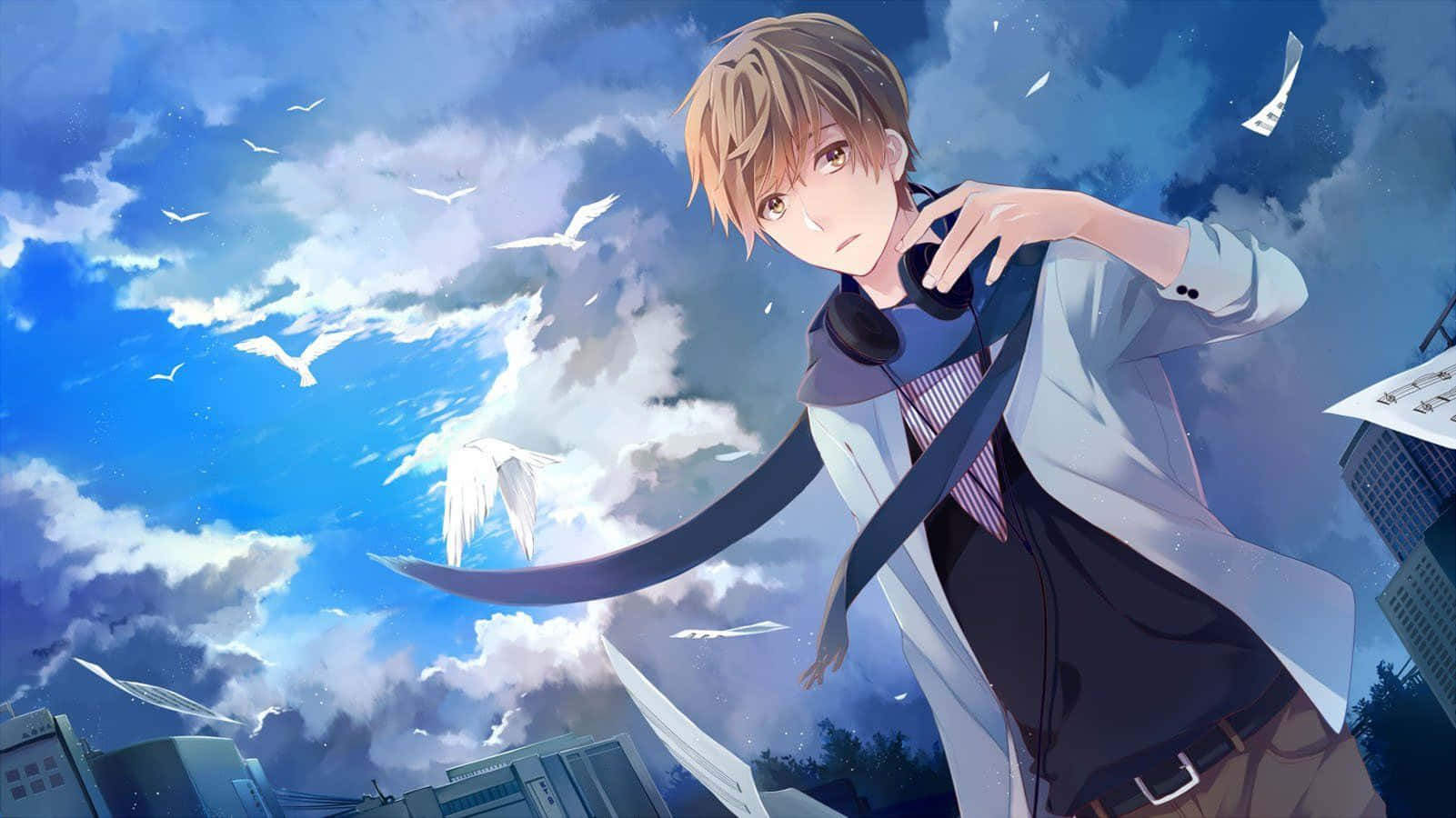 Male Anime Characters 桌布 壁紙 — 一個戴著耳機的年輕動漫男孩站在充滿鳥類和漂浮紙張的鮮豔藍天下。