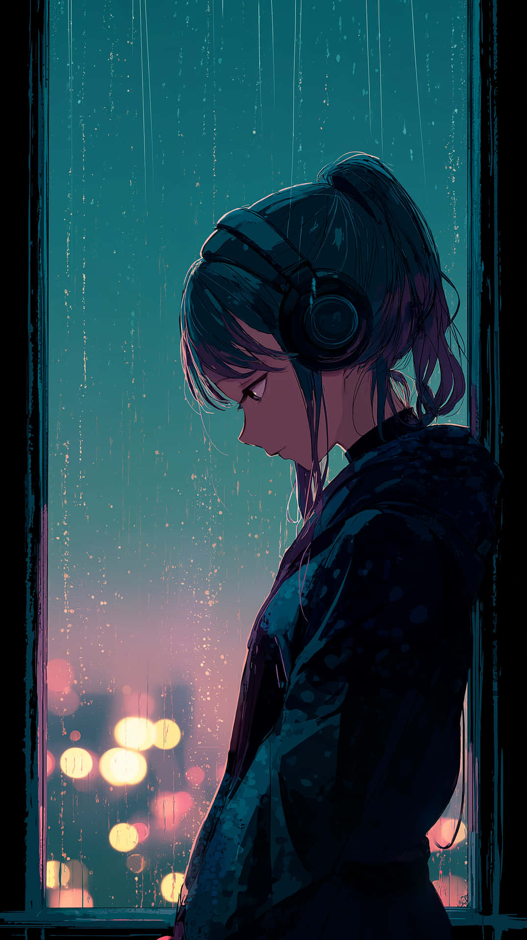 Melancholic Anime Girl with Headphones by a Rainy Window 壁紙 — 一個戴著耳機的年輕女子，透過雨水斑駁的窗戶凝視著閃爍的城市燈光，一幅充滿氛圍感的青綠色和粉紅色數位插畫。