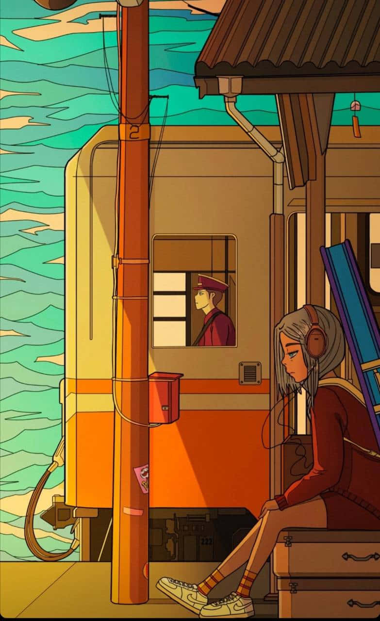 Chill Anime Phone 桌布 壁紙 — 一個戴著耳機的年輕女孩坐在火車旁邊的月台上，列車長正望向窗外，背景是藍綠色的海洋。