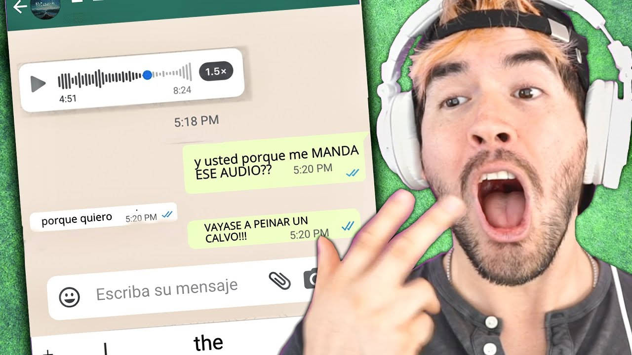 Spanish 桌布 壁紙 — 一個戴著耳機的男人在綠色背景上對簡訊對話做出戲劇性的反應。