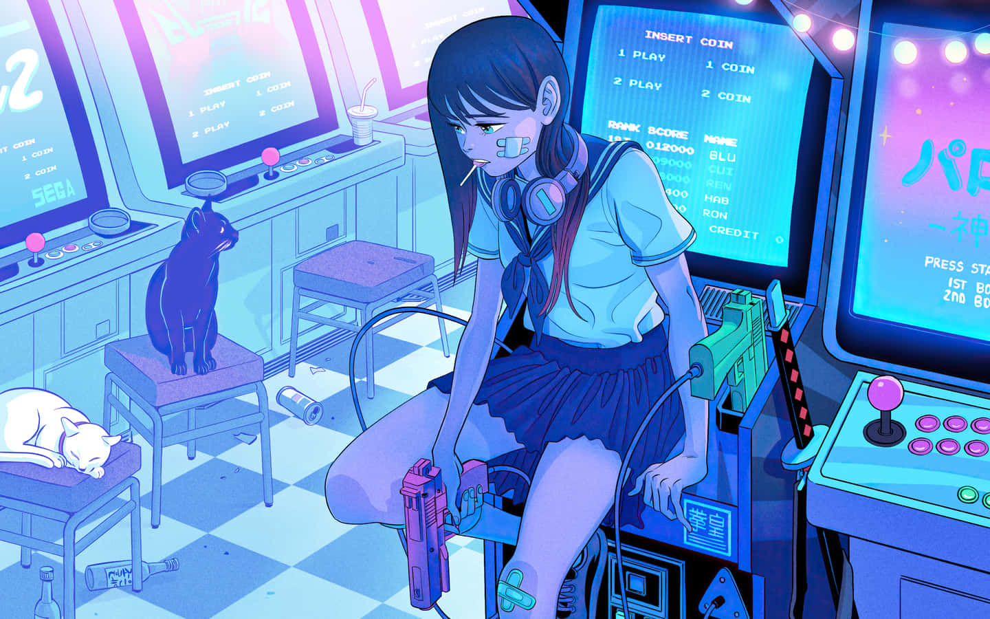 Aesthetic Gaming 桌布 壁紙 — 一個戴著耳機的疲憊動漫女孩坐在遊戲機上，在一個霓虹燈閃爍的遊戲機中心，附近有貓在睡覺。